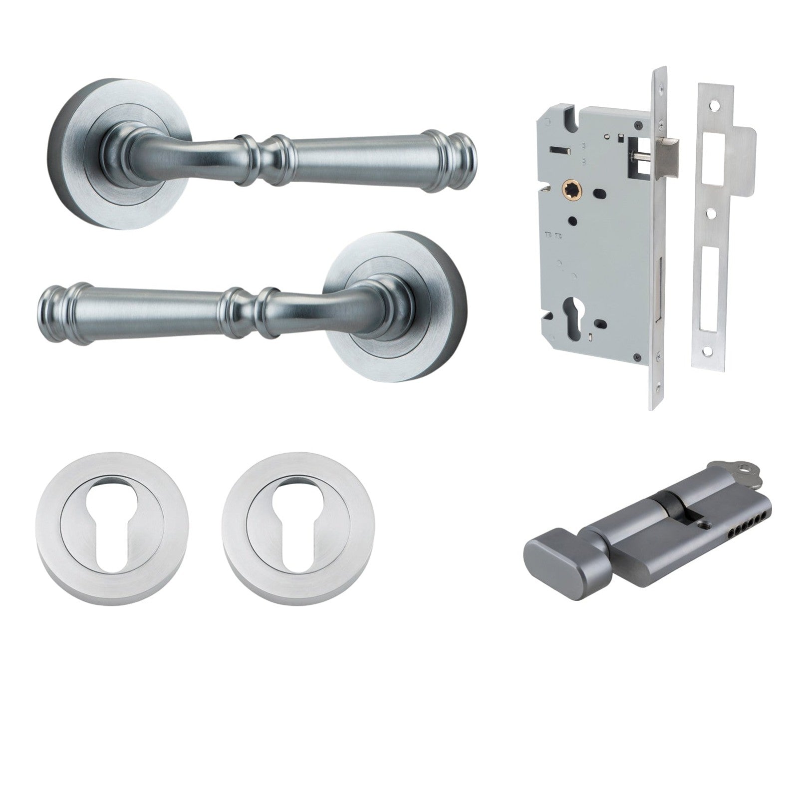 Iver Door Handle Verona Round Rose Pair Key/Thumb Brushed Chrome Entrance Kit