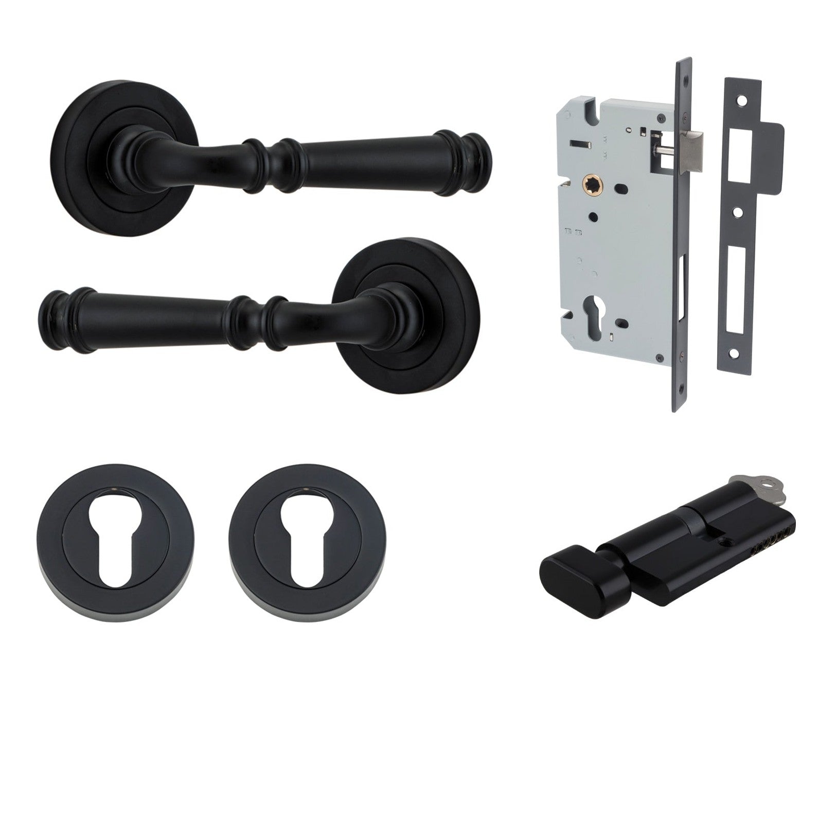 Iver Door Handle Verona Round Rose Pair Key/Thumb Matt Black Entrance Kit