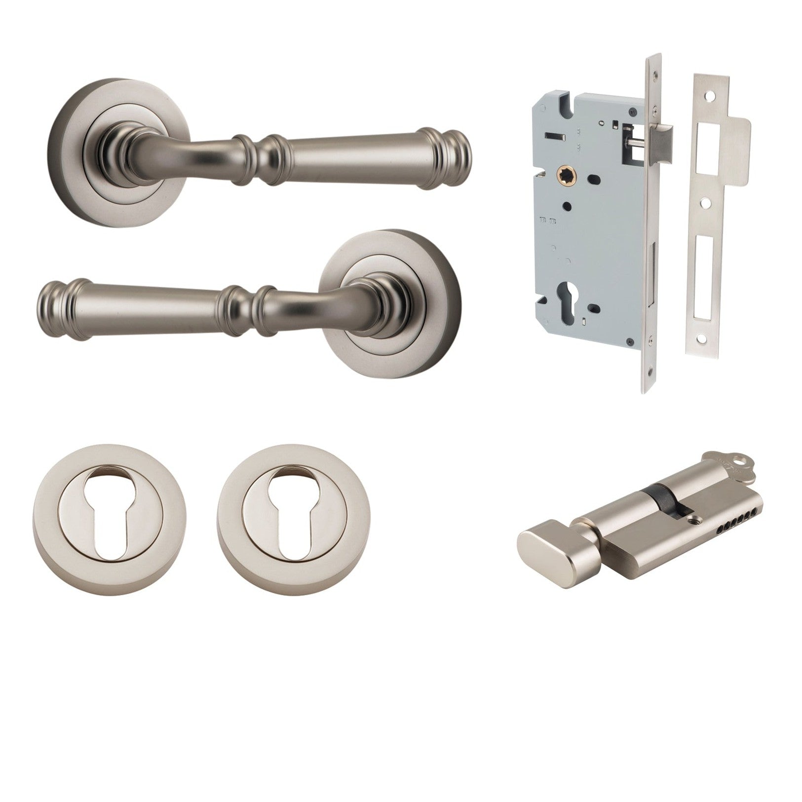 Iver Door Handle Verona Round Rose Pair Key/Thumb Satin Nickel Entrance Kit