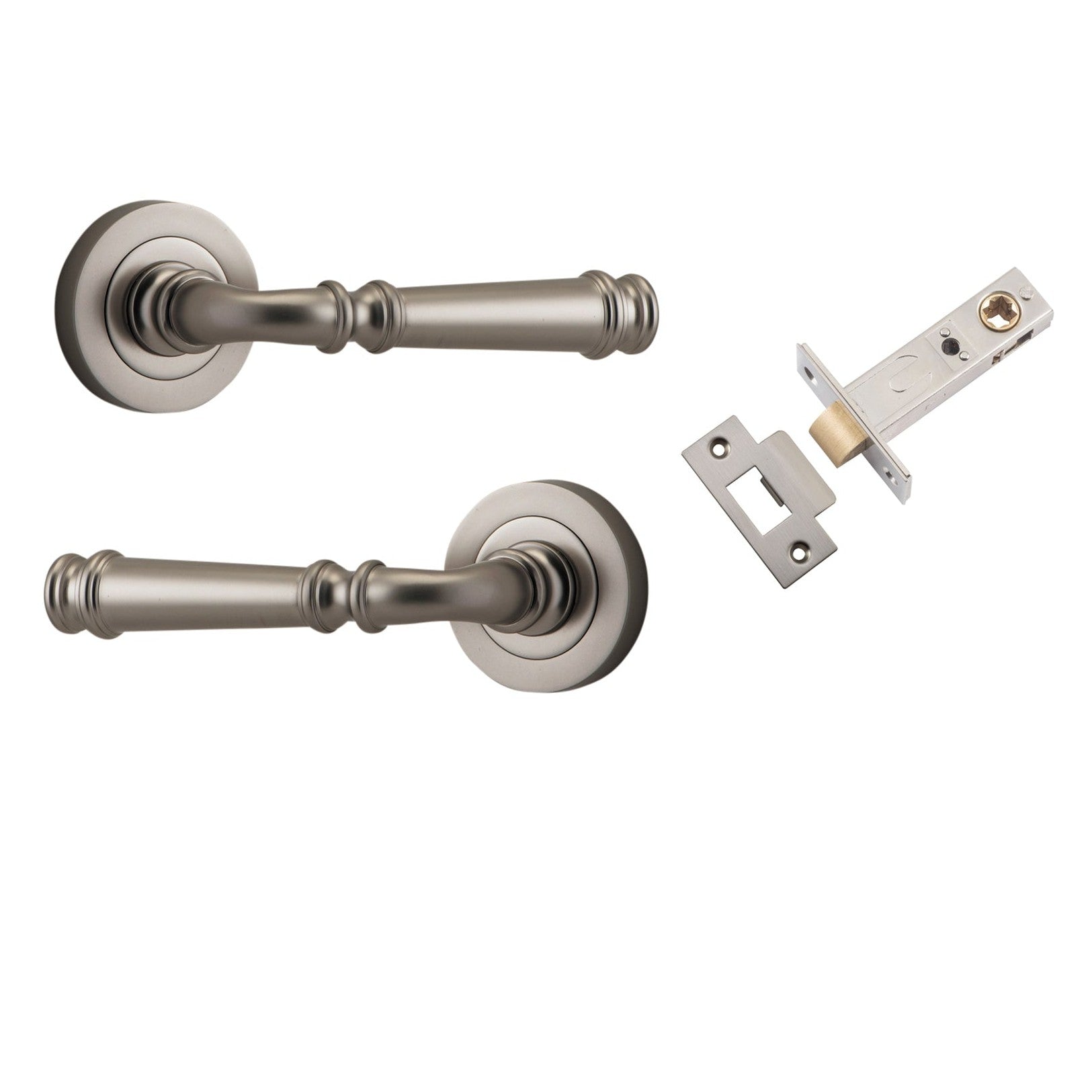 Iver Door Handle Verona Round Rose Pair Satin Nickel Passage Kit