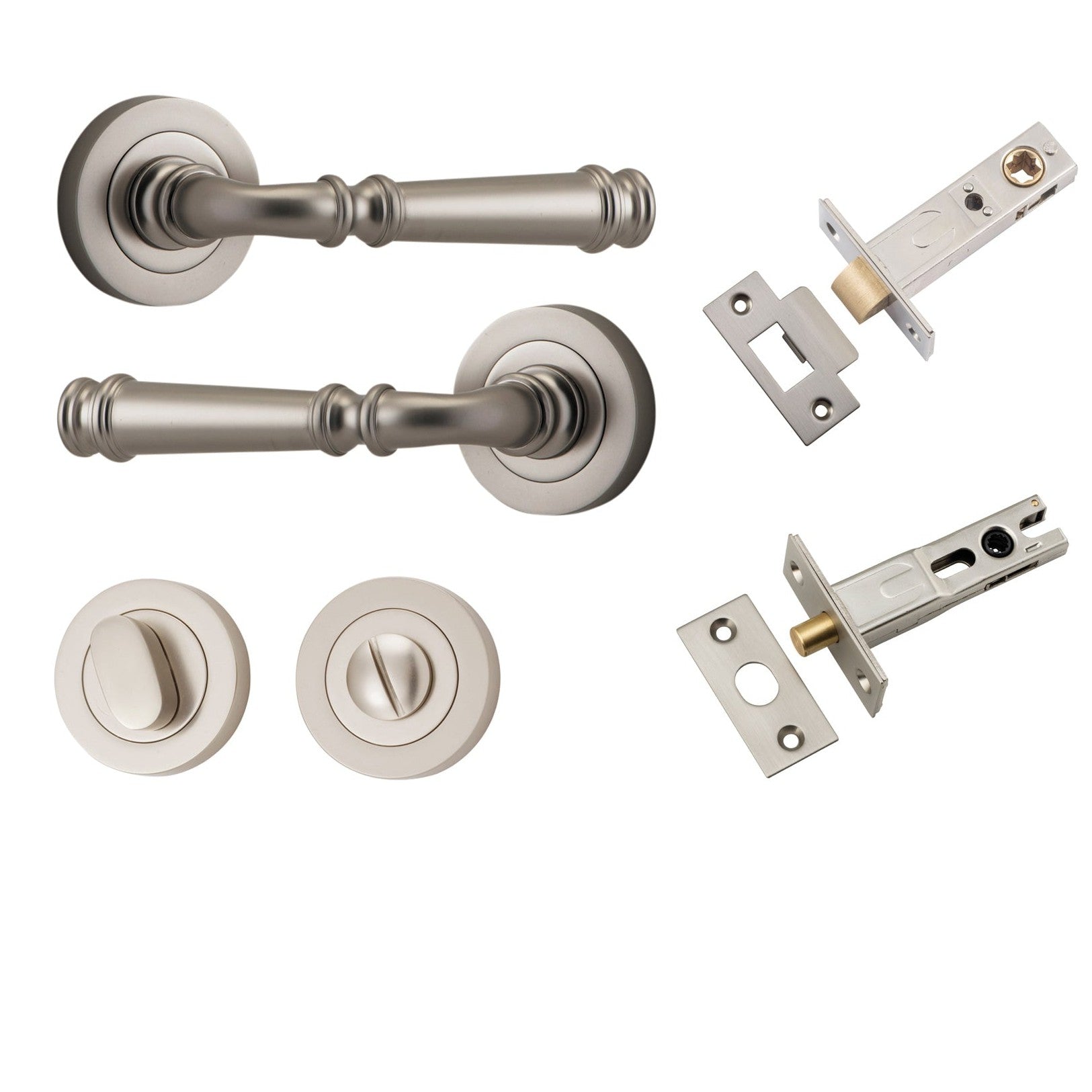 Iver Door Handle Verona Round Rose Pair Satin Nickel Privacy Kit