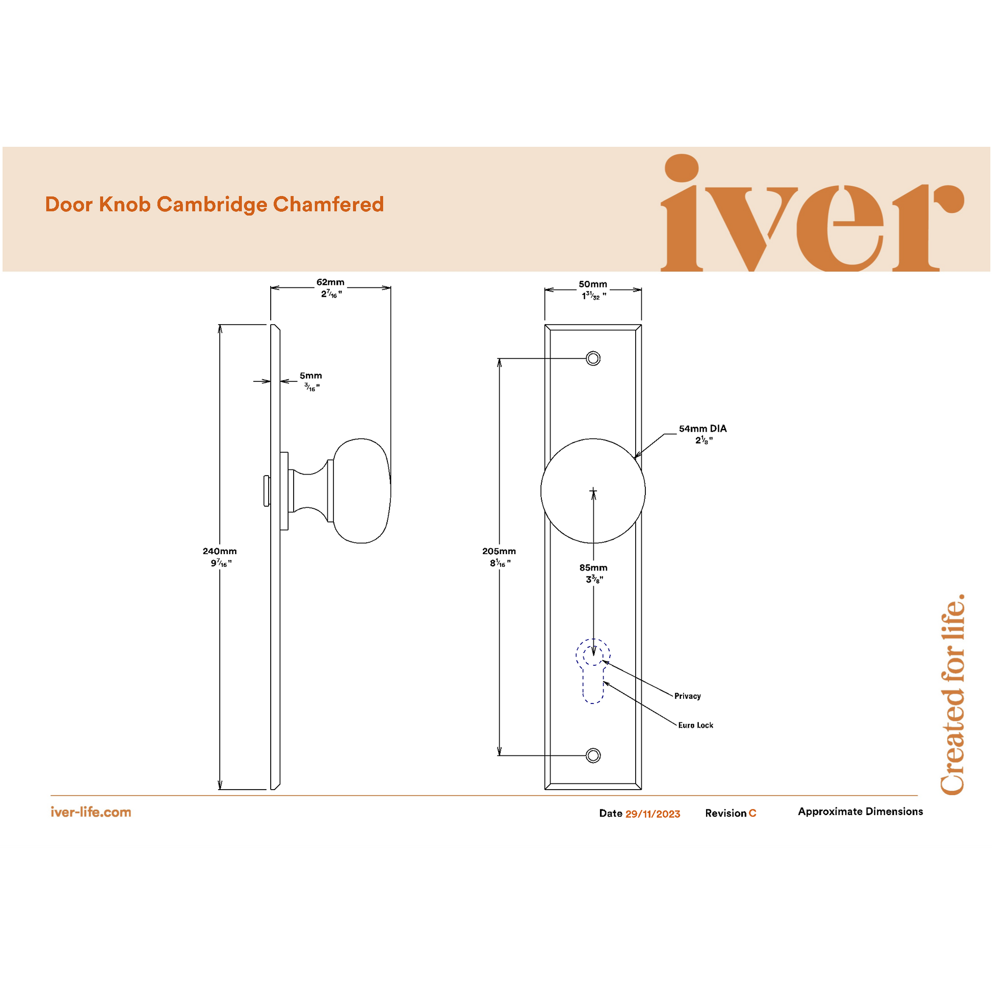 Iver Door Knob Cambridge Chamfered Key/Key Distressed Nickel Entrance Kit