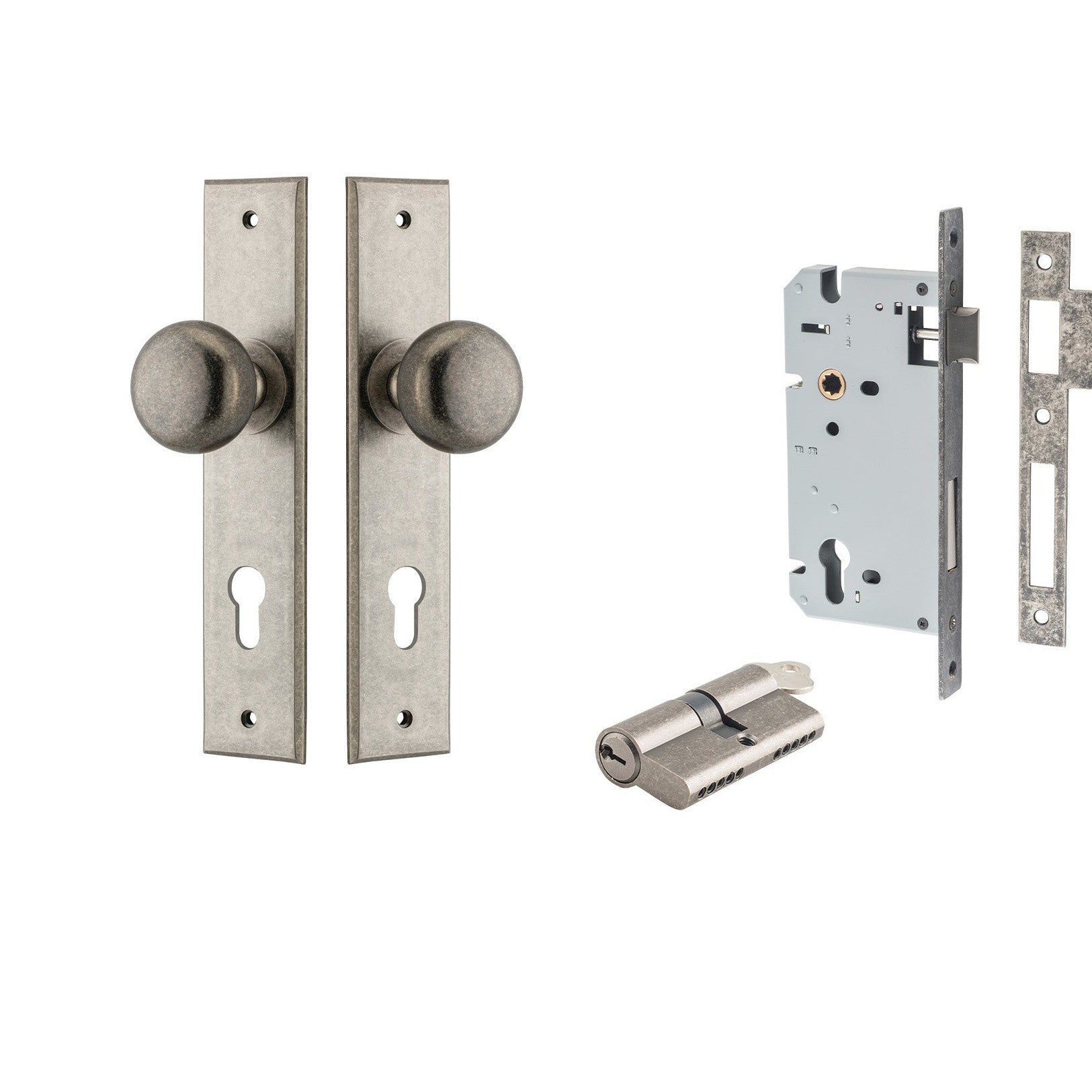 Iver Door Knob Cambridge Chamfered Key/Key Distressed Nickel Entrance Kit