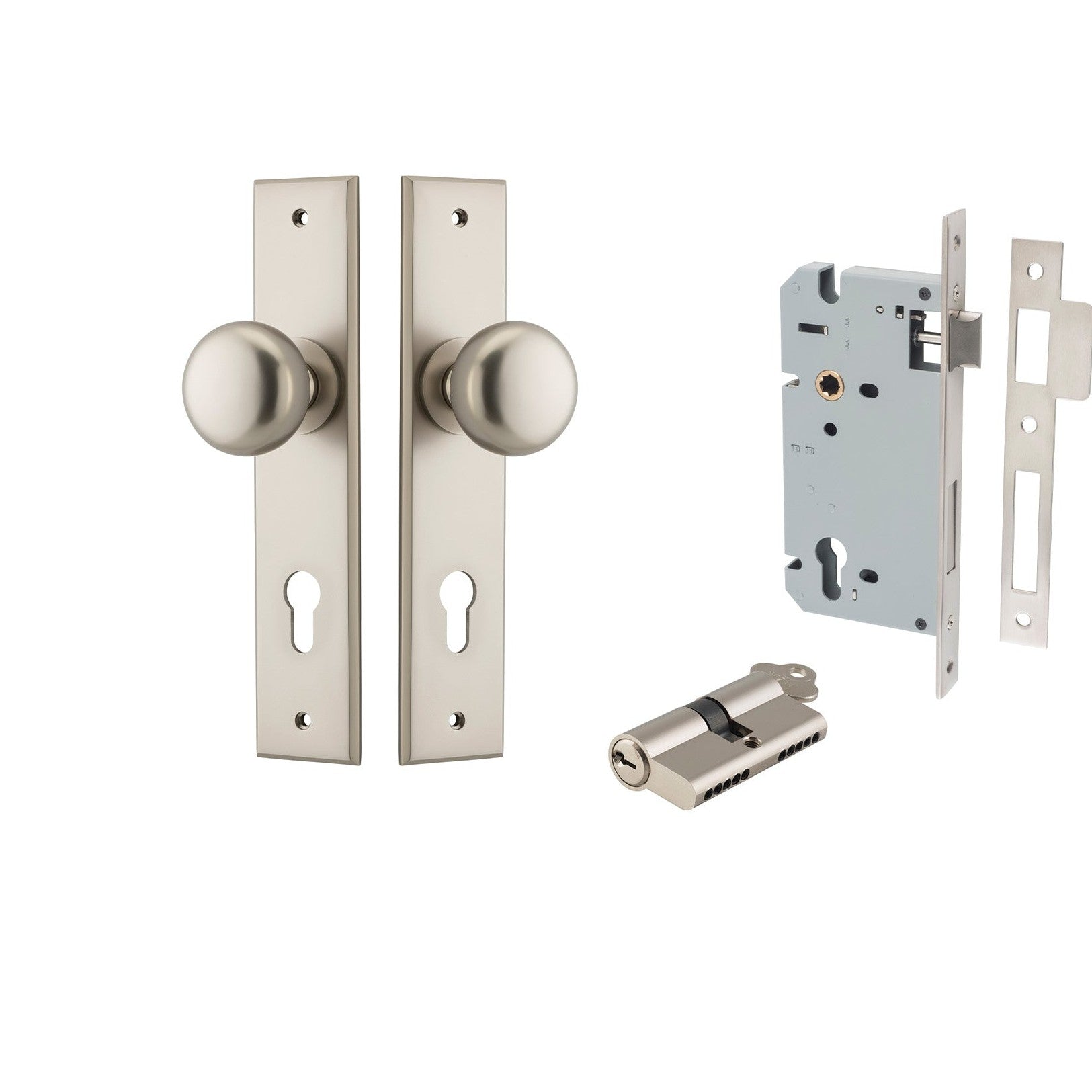 Iver Door Knob Cambridge Chamfered Key/Key Satin Nickel Entrance Kit