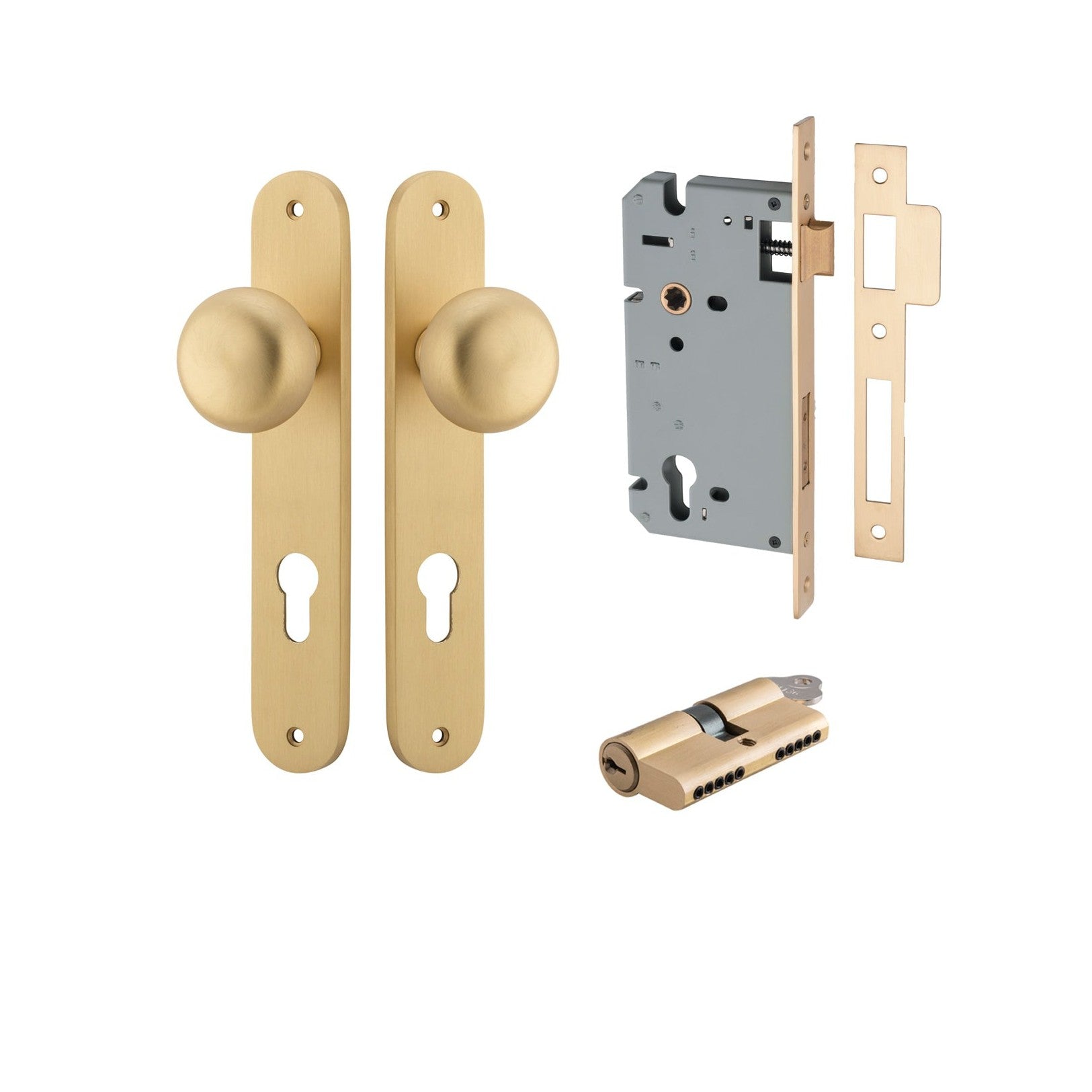 Iver Door Knob Cambridge Oval Euro Key/Key Brushed Brass Entrance Kit