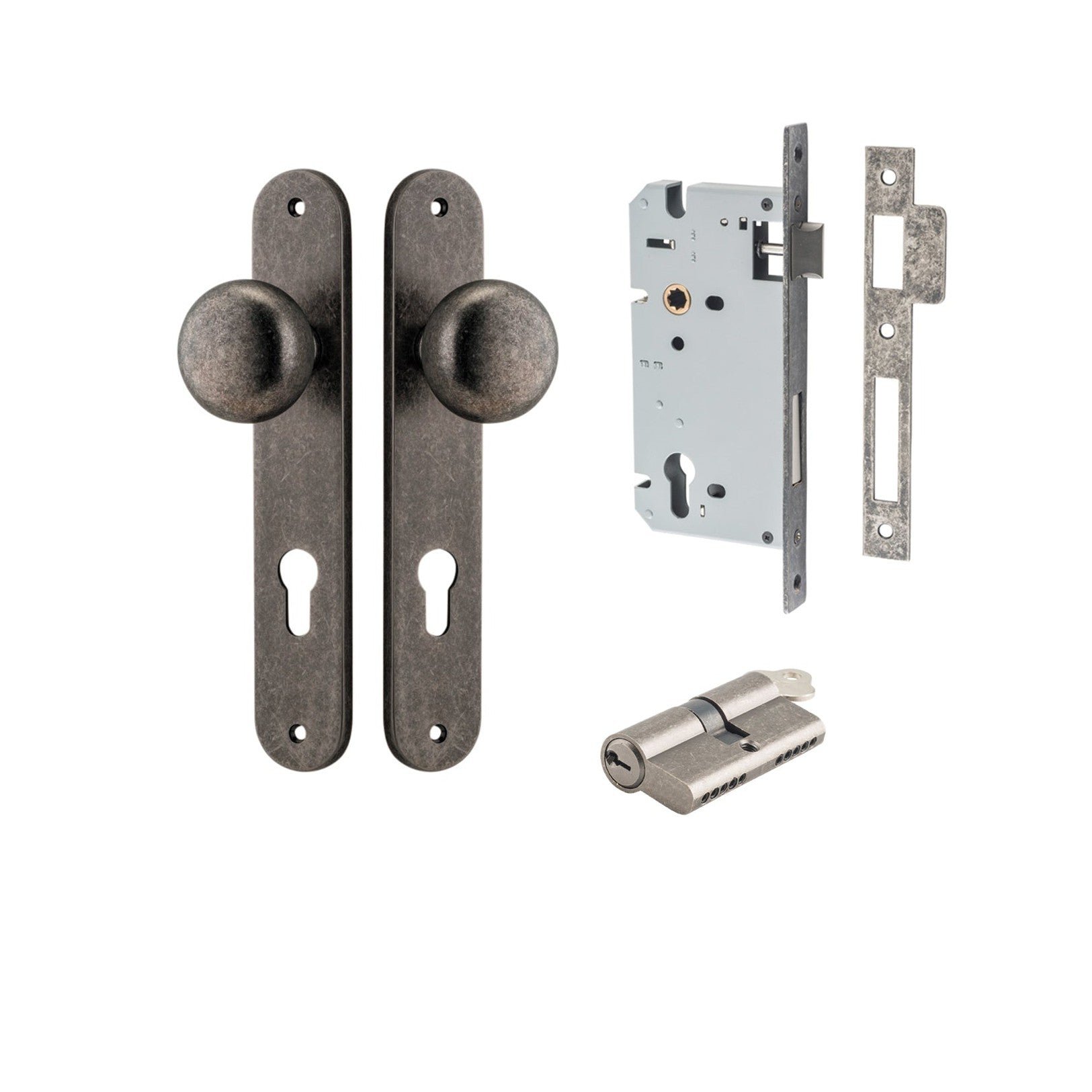 Iver Door Knob Cambridge Oval Euro Key/Key Distressed Nickel Entrance Kit