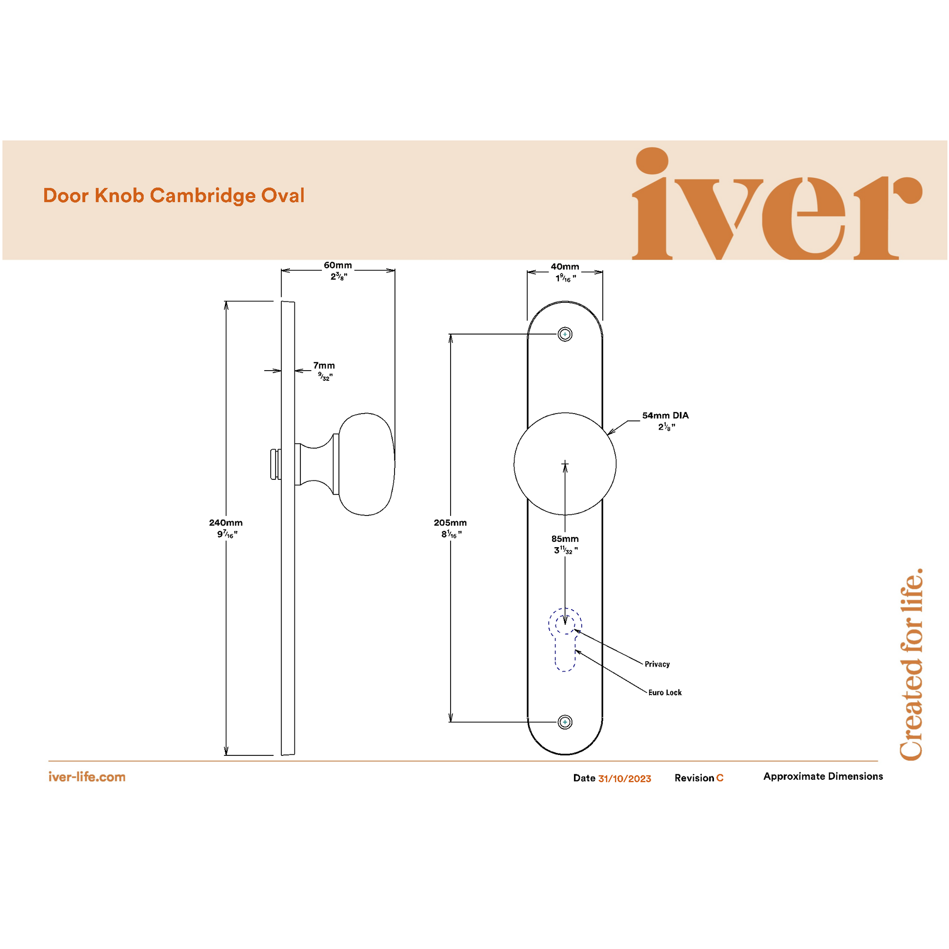 Iver Door Knob Cambridge Oval Latch Pair Polished Chrome