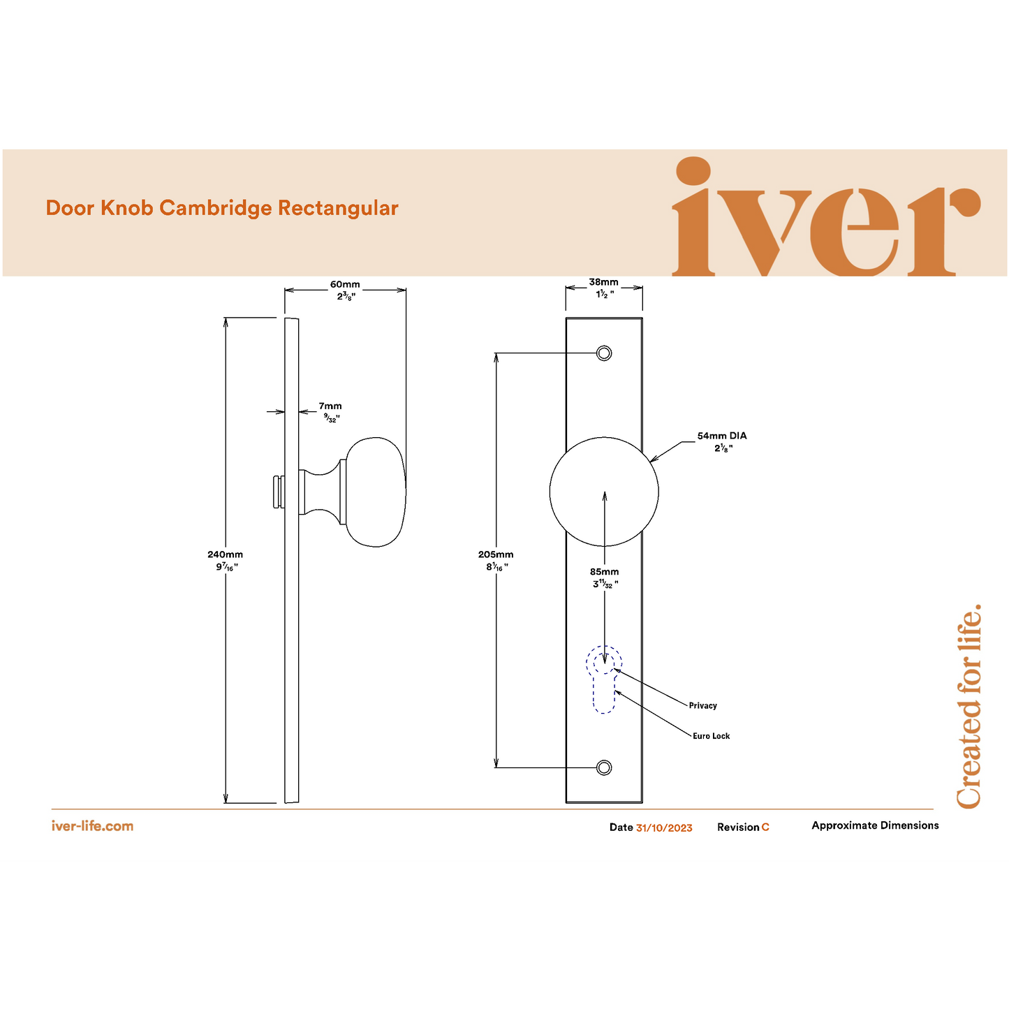 Iver Door Knob Cambridge Rectangular Euro Key/Key Distressed Nickel Entrance Kit