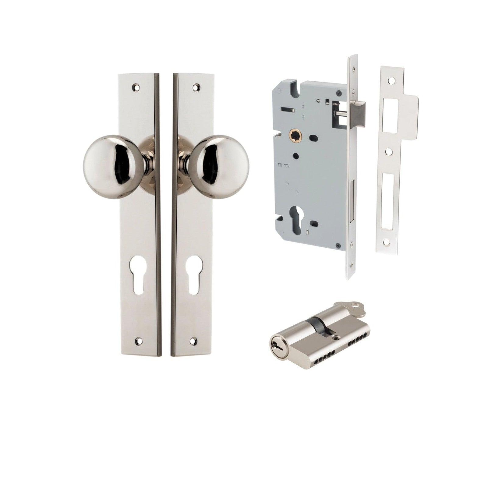 Iver Door Knob Cambridge Rectangular Euro Key/Key Polished Nickel Entrance Kit