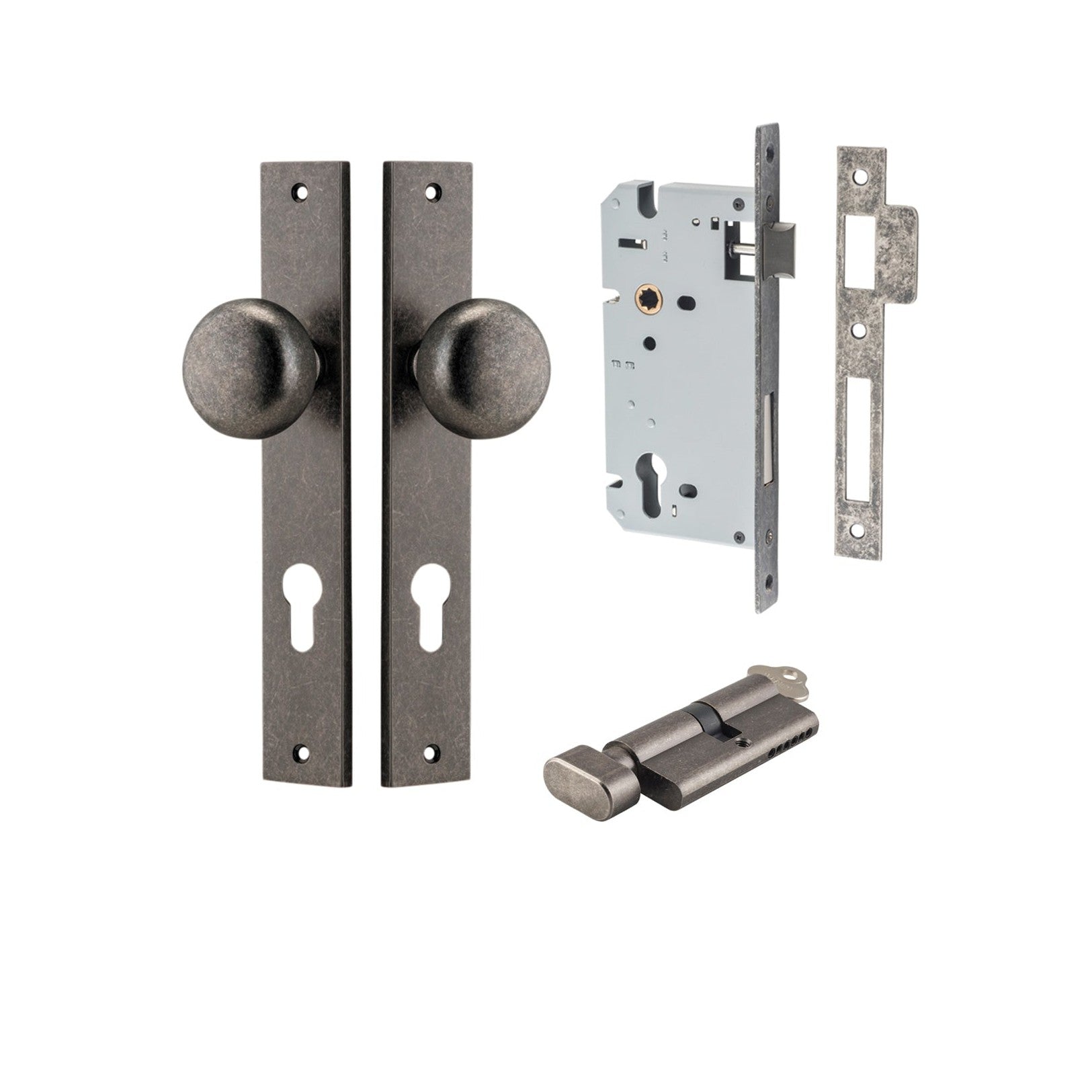 Iver Door Knob Cambridge Rectangular Euro Key/Thumb Distressed Nickel Entrance Kit