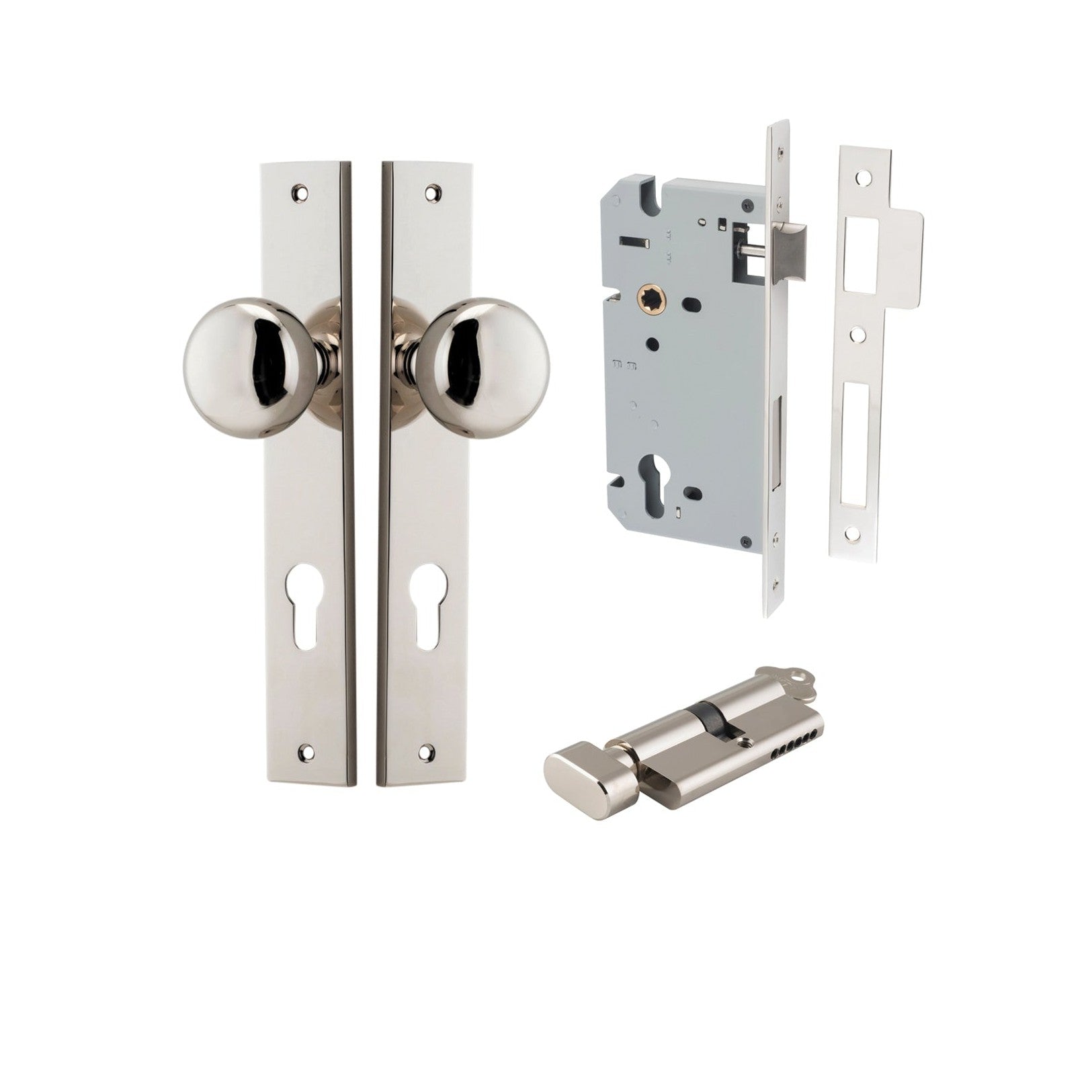 Iver Door Knob Cambridge Rectangular Euro Key/Thumb Polished Nickel Entrance Kit