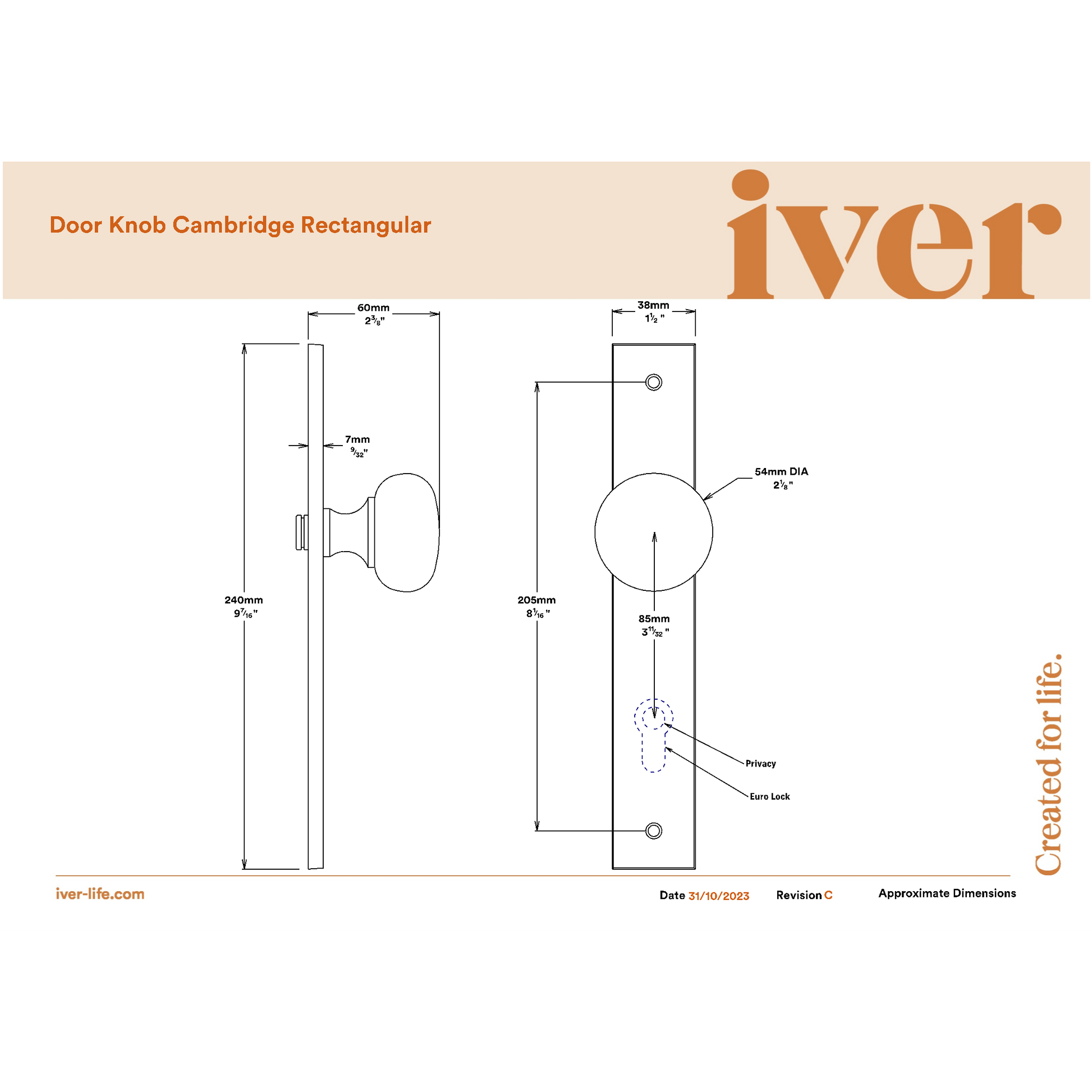 Iver Door Knob Cambridge Rectangular Privacy Matt Black Inbuilt Privacy Kit