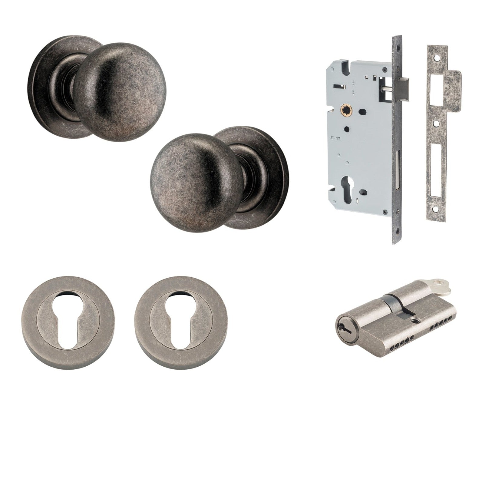 Iver Door Knob Cambridge Round Rose Concealed Fix Key/Key Distressed Nickel Entrance Kit