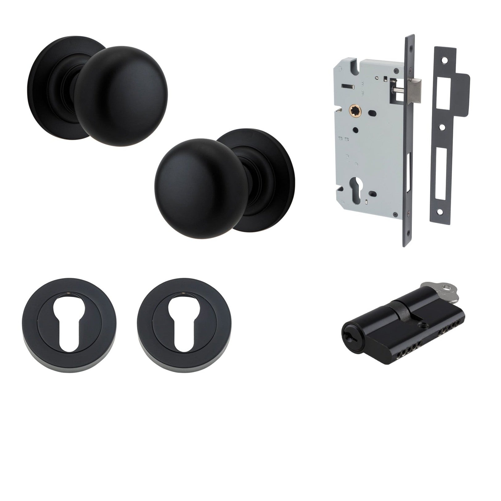 Iver Door Knob Cambridge Round Rose Concealed Fix Key/Key Matt Black Entrance Kit