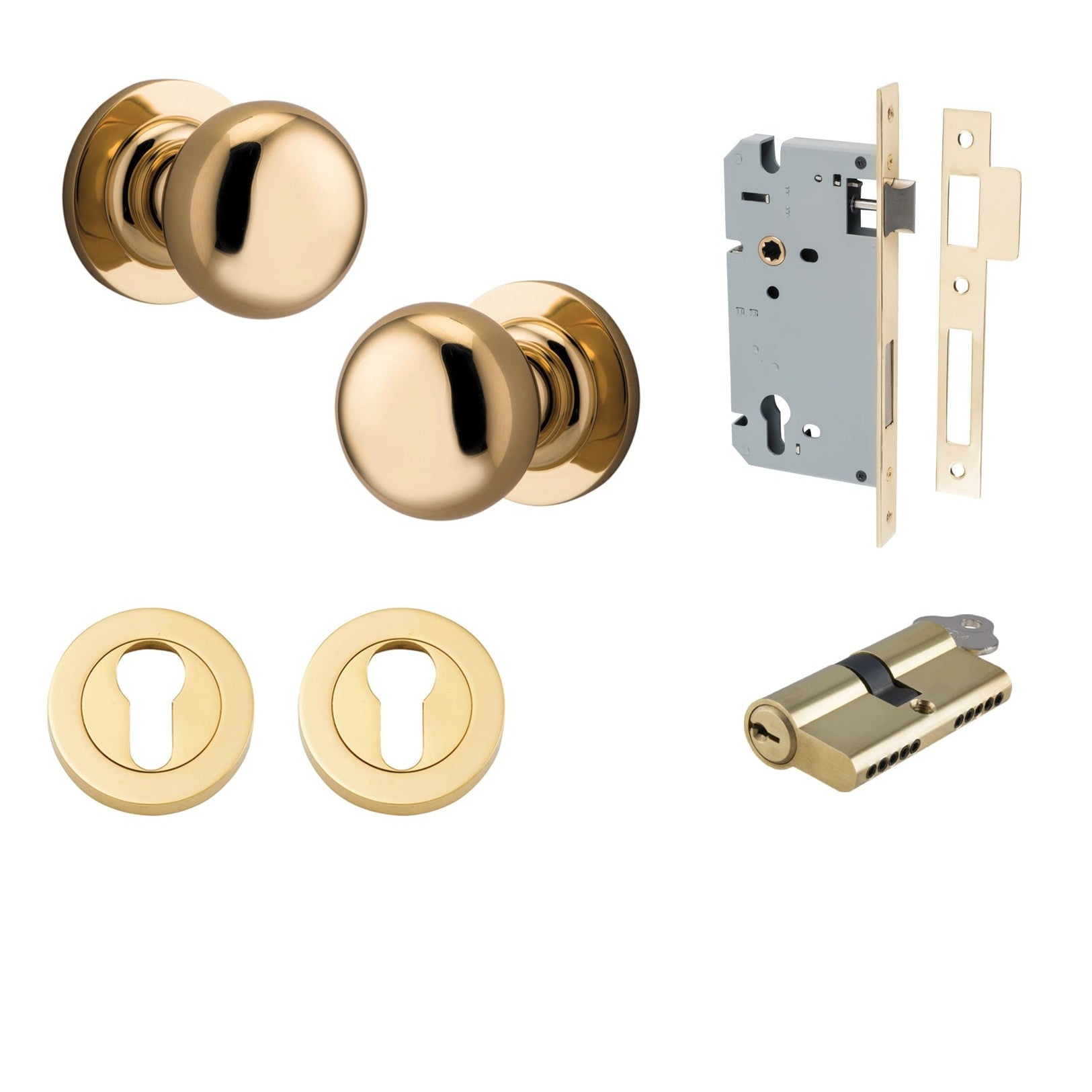 Iver Door Knob Cambridge Round Rose Concealed Fix Key/Key Polished Brass Entrance Kit