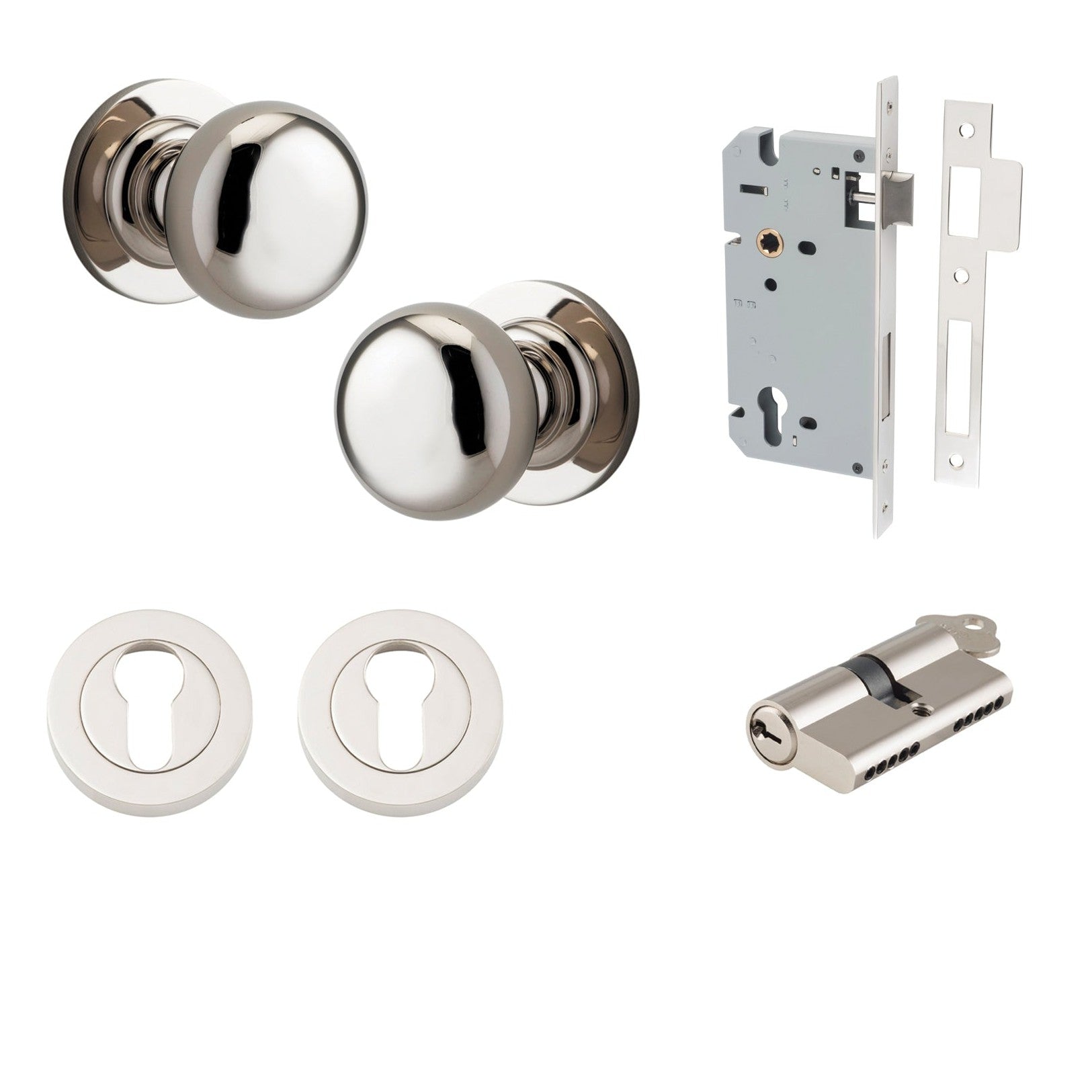 Iver Door Knob Cambridge Round Rose Concealed Fix Key/Key Polished Nickel Entrance Kit