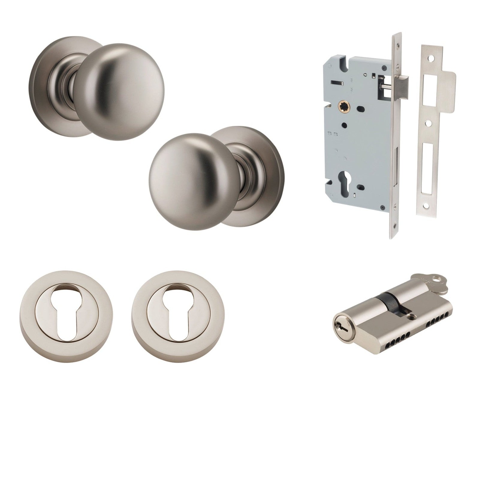 Iver Door Knob Cambridge Round Rose Concealed Fix Key/Key Satin Nickel Entrance Kit