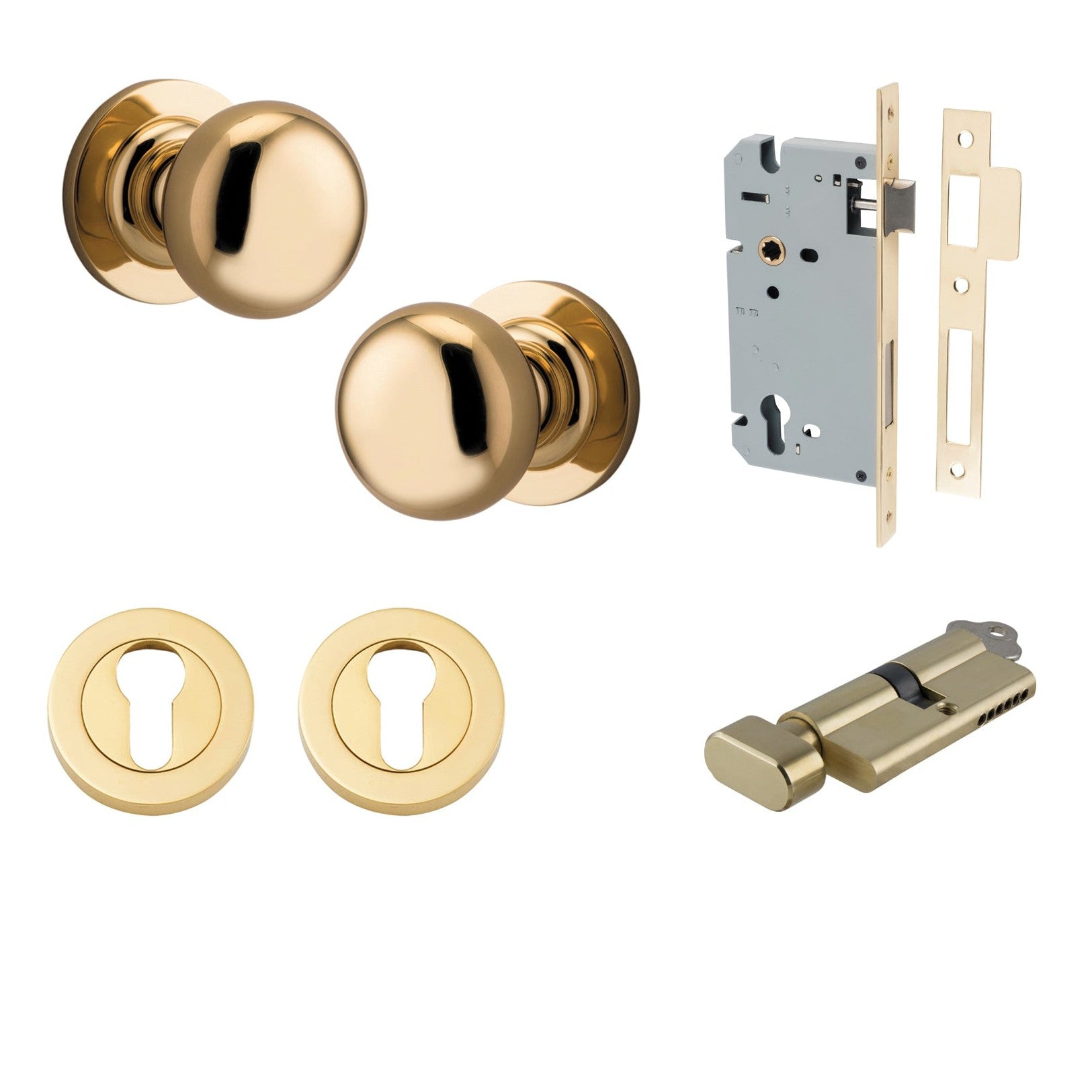 Iver Door Knob Cambridge Round Rose Concealed Fix Key/Thumb Polished Brass Entrance Kit