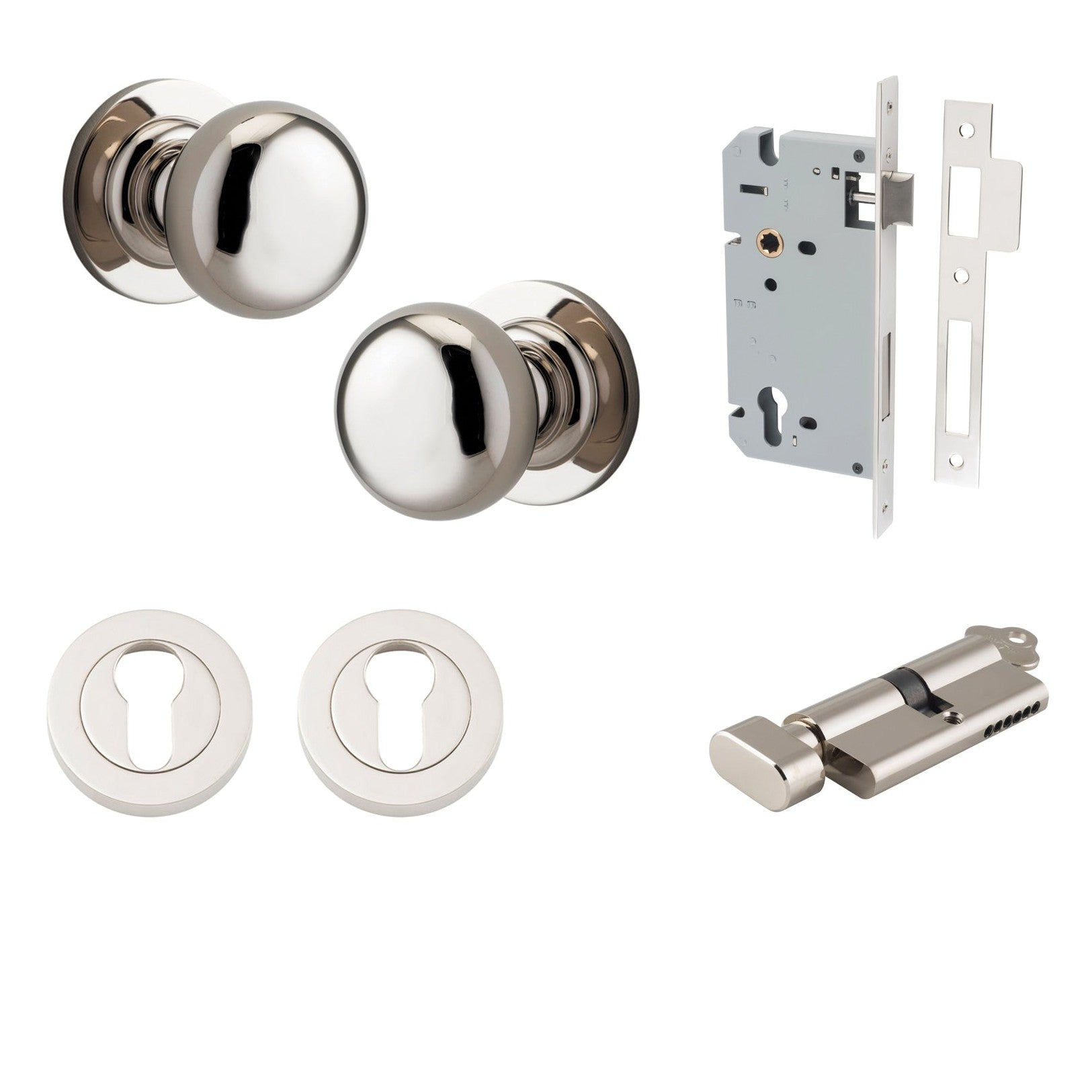 Iver Door Knob Cambridge Round Rose Concealed Fix Key/Thumb Polished Nickel Entrance Kit