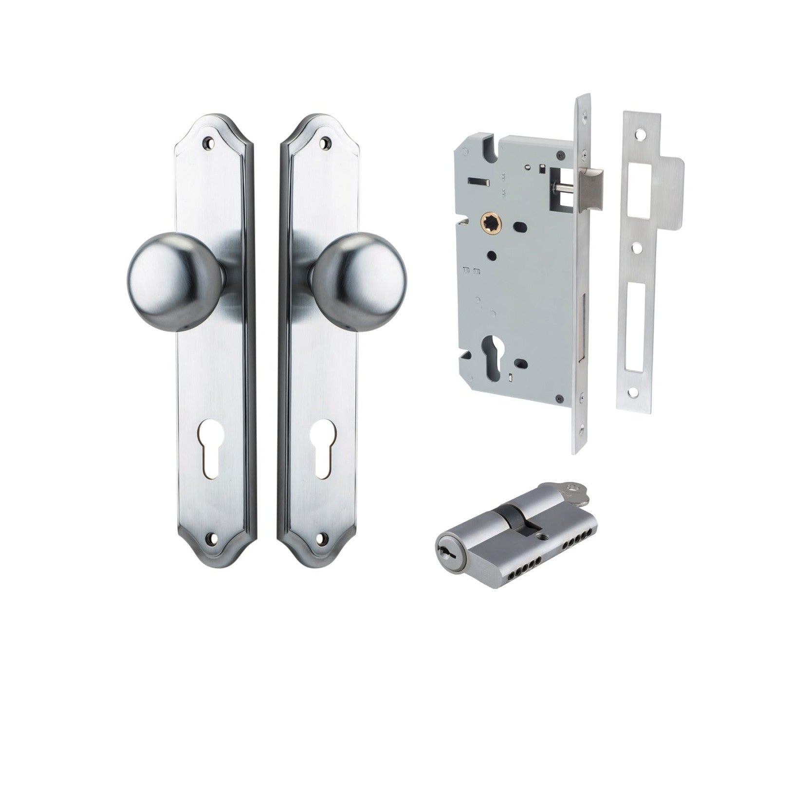 Iver Door Knob Cambridge Shouldered Euro Key/Key Brushed Chrome Entrance Kit