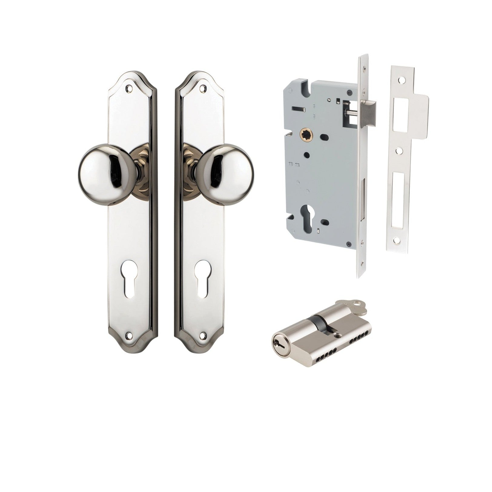 Iver Door Knob Cambridge Shouldered Euro Key/Key Polished Nickel Entrance Kit