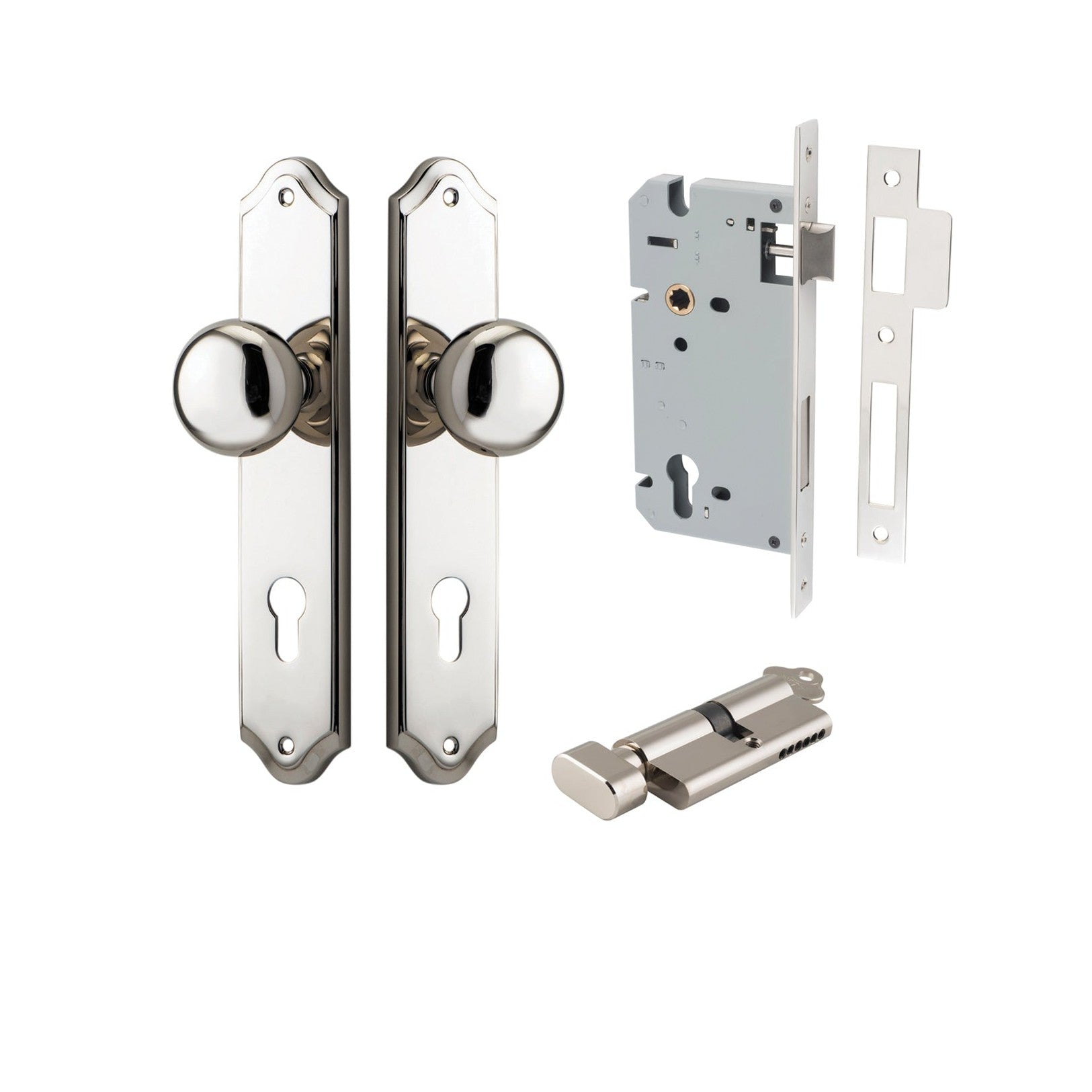 Iver Door Knob Cambridge Shouldered Euro Key/Thumb Polished Nickel Entrance Kit