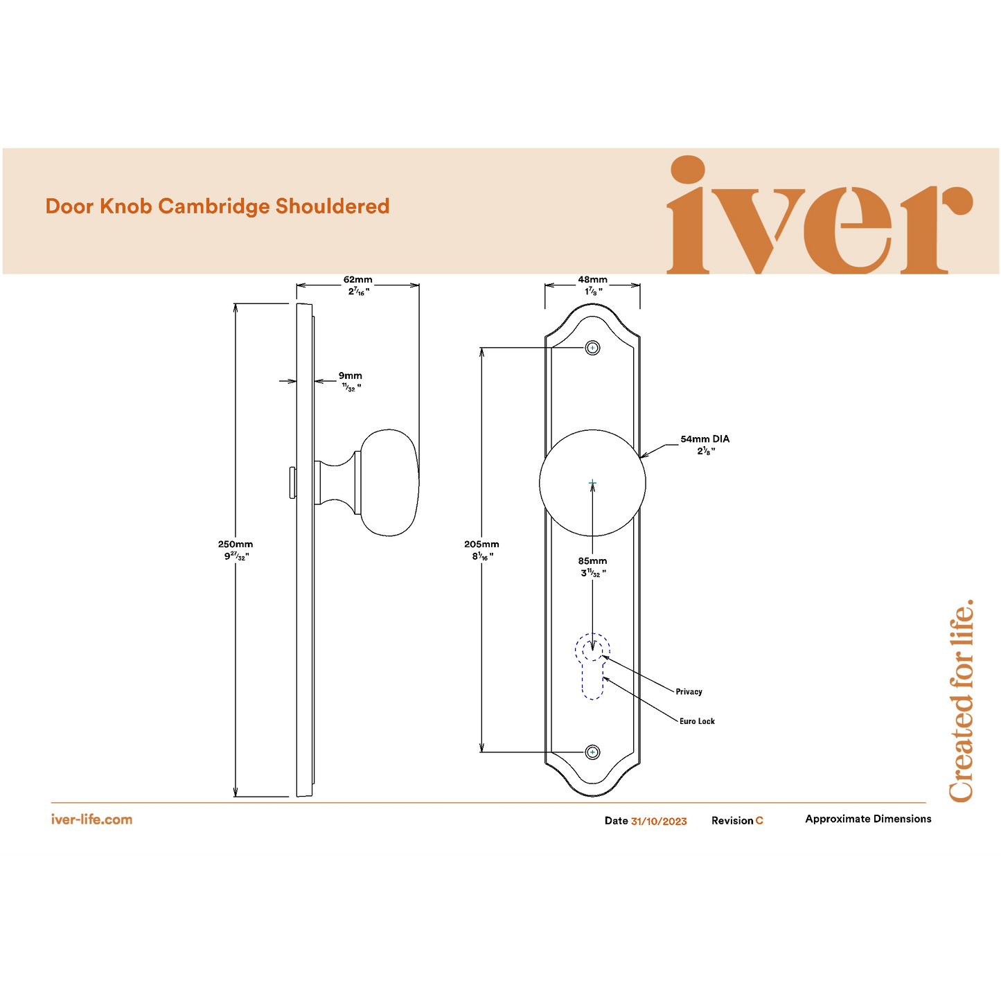 Iver Door Knob Cambridge Shouldered Privacy Distressed Nickel Inbuilt Privacy Kit