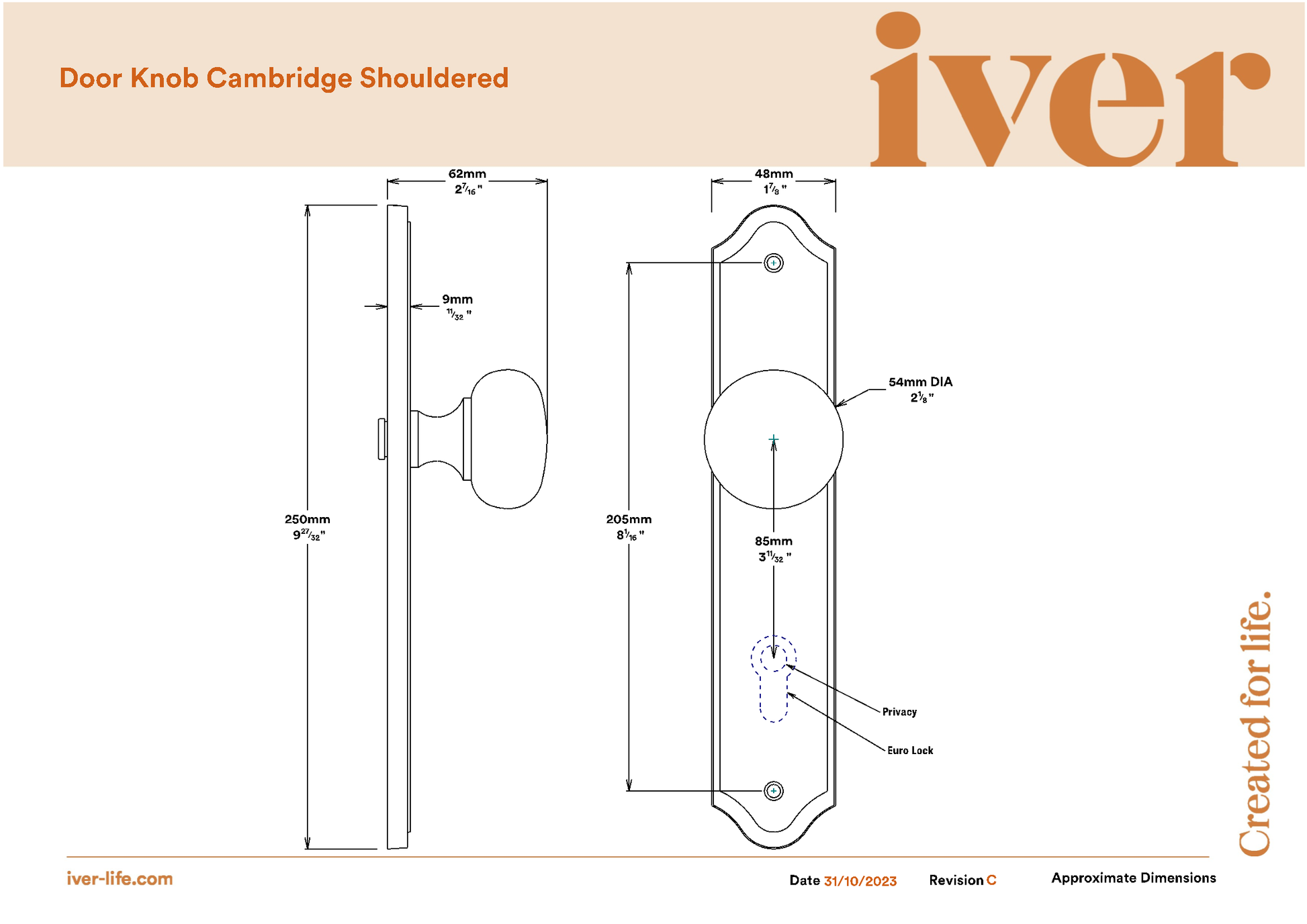 Iver Door Knob Cambridge Shouldered Privacy Pair Matt Black