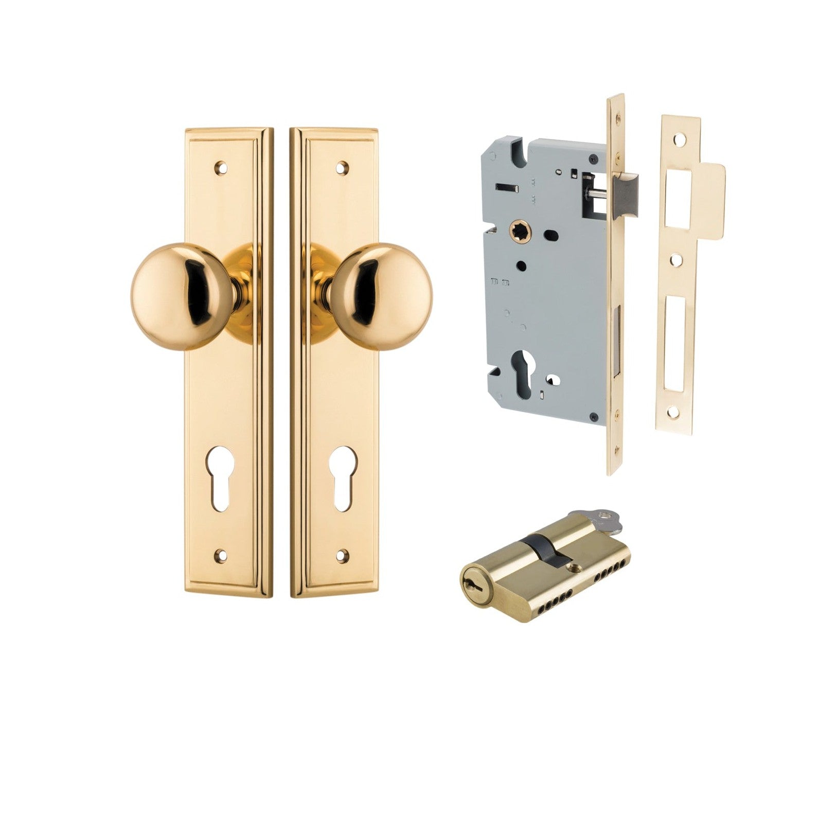 Iver Door Knob Cambridge Stepped Euro Key/Key Polished Brass Entrance Kit