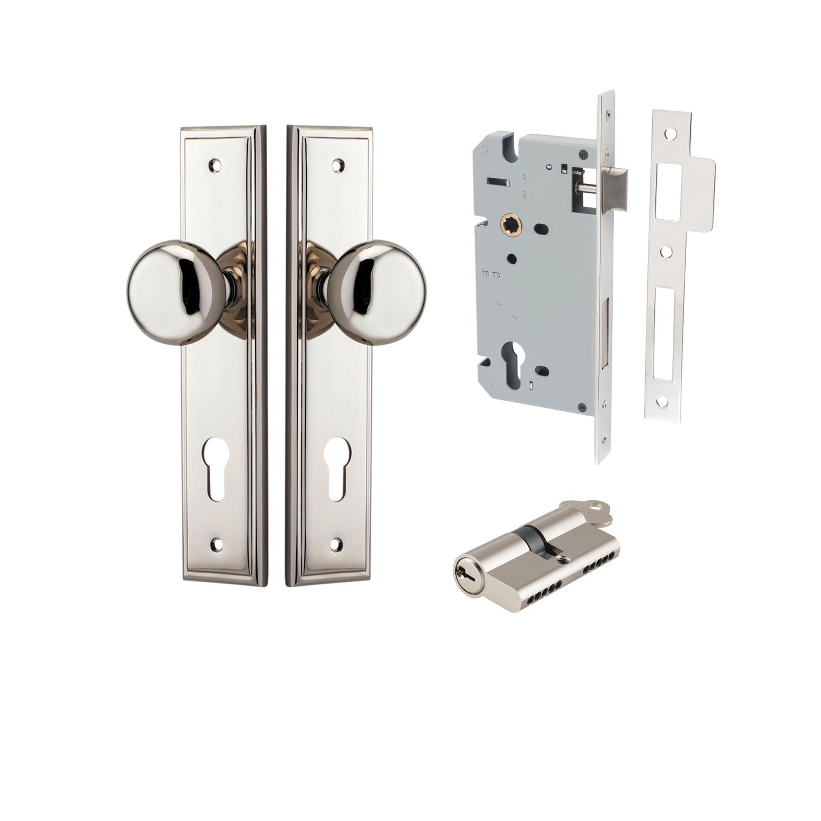 Iver Door Knob Cambridge Stepped Euro Key/Key Polished Nickel Entrance Kit