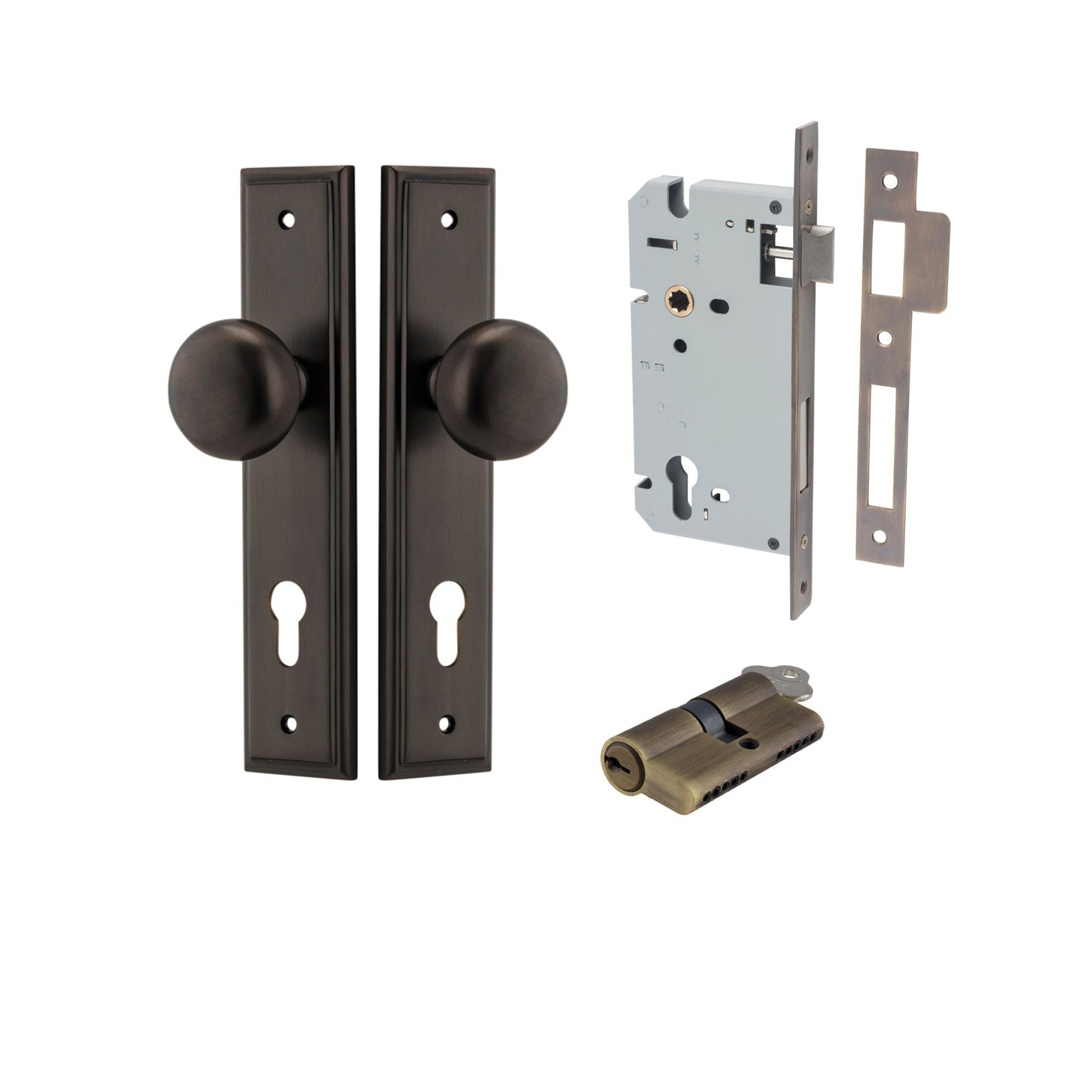 Iver Door Knob Cambridge Stepped Euro Key/Key Signature Brass Entrance Kit