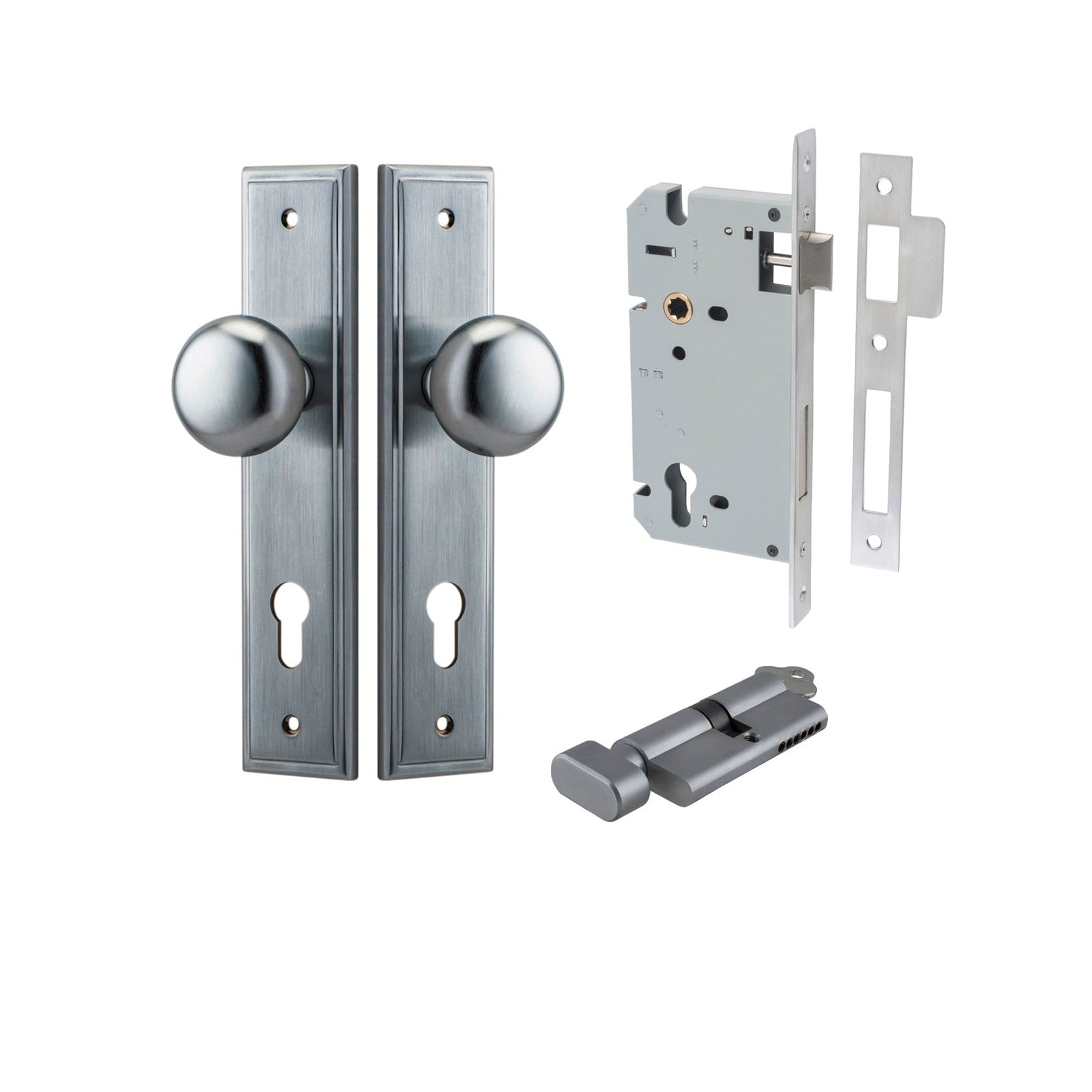 Iver Door Knob Cambridge Stepped Euro Key/Thumb Brushed Chrome Entrance Kit