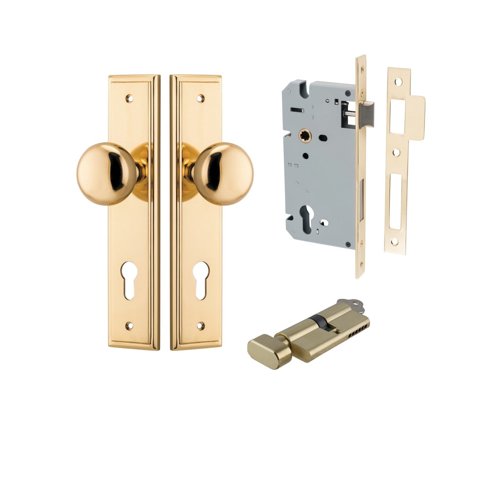 Iver Door Knob Cambridge Stepped Euro Key/Thumb Polished Brass Entrance Kit