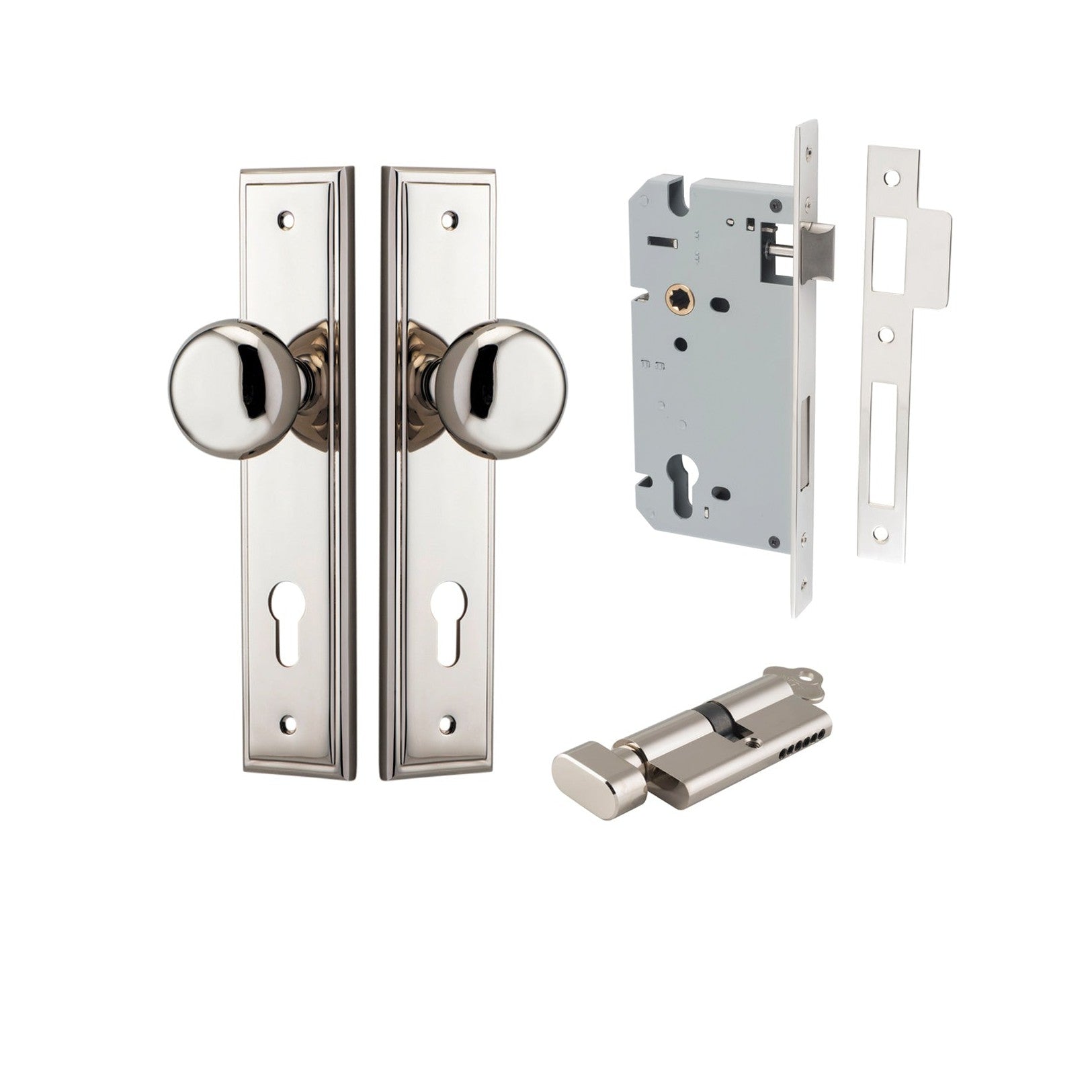 Iver Door Knob Cambridge Stepped Euro Key/Thumb Polished Nickel Entrance Kit