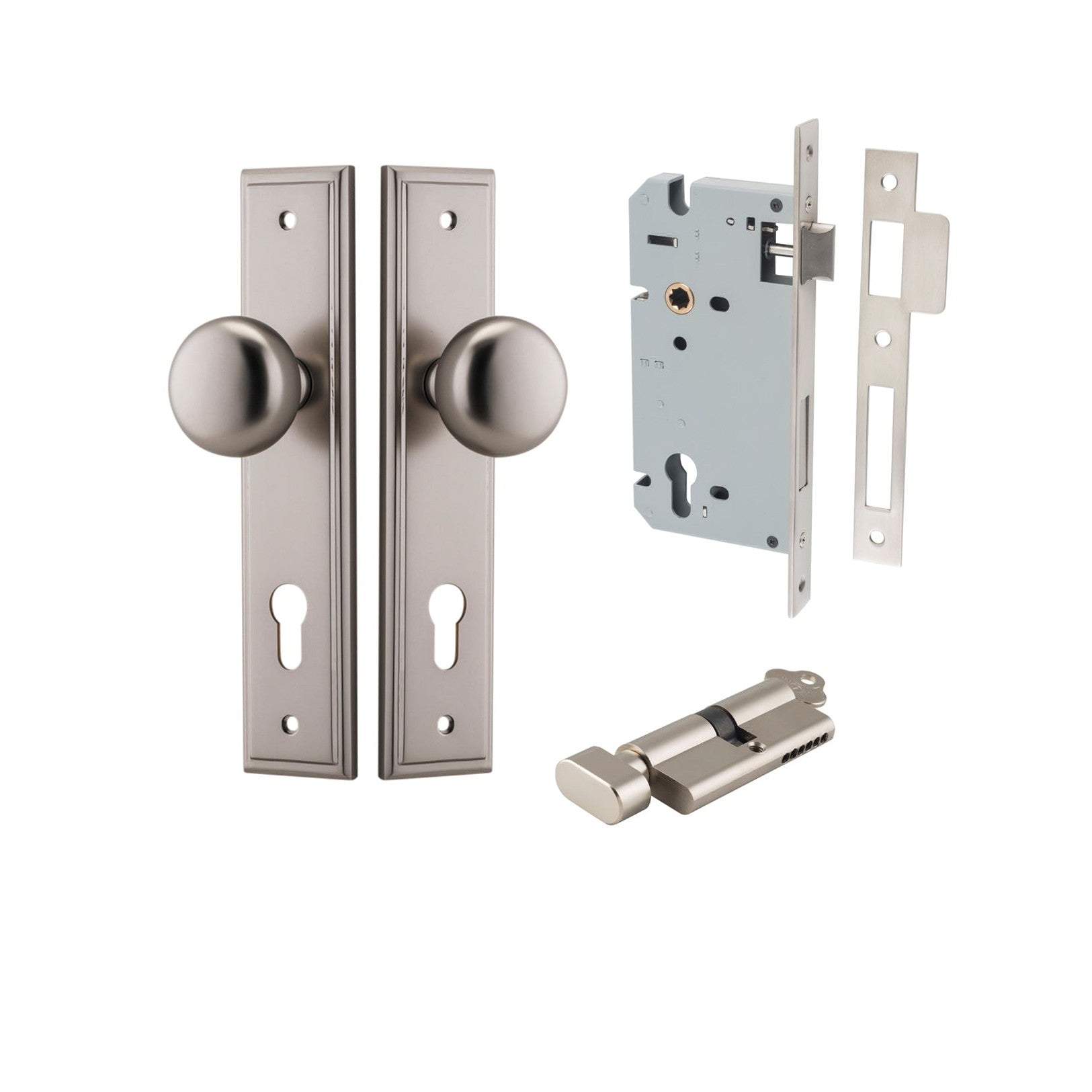 Iver Door Knob Cambridge Stepped Euro Key/Thumb Satin Nickel Entrance Kit