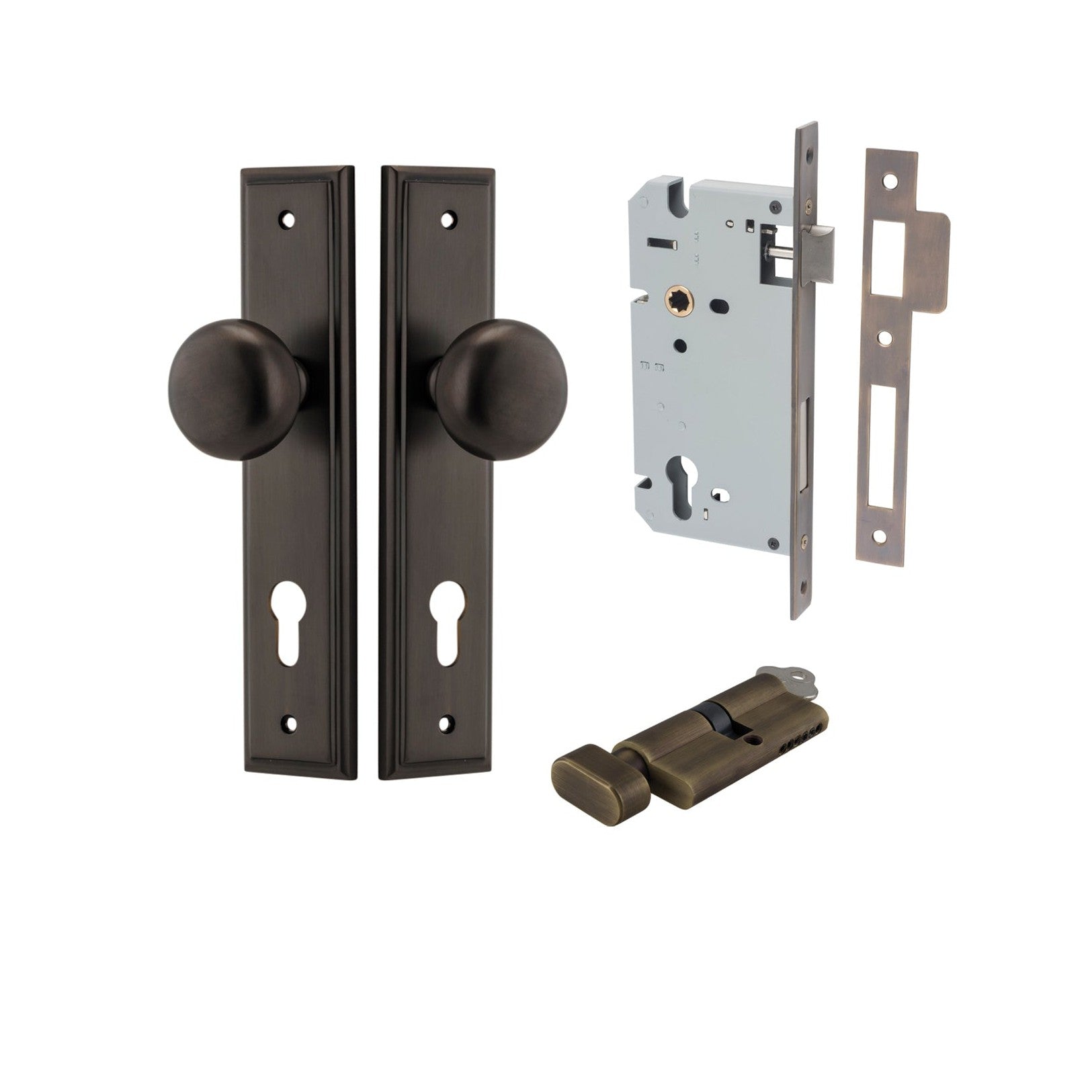 Iver Door Knob Cambridge Stepped Euro Key/Thumb Signature Brass Entrance Kit