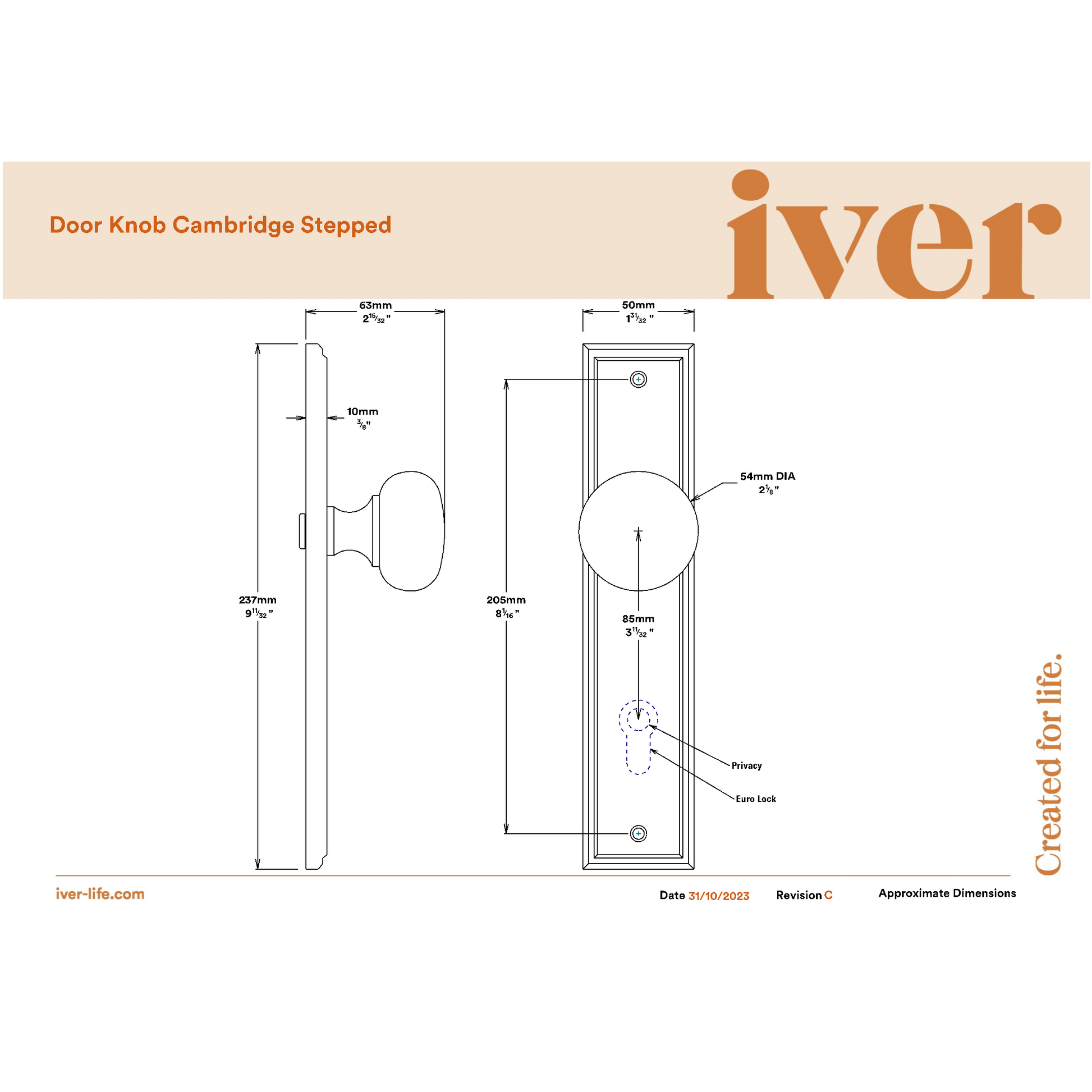 Iver Door Knob Cambridge Stepped Privacy Distressed Nickel Inbuilt Privacy Kit