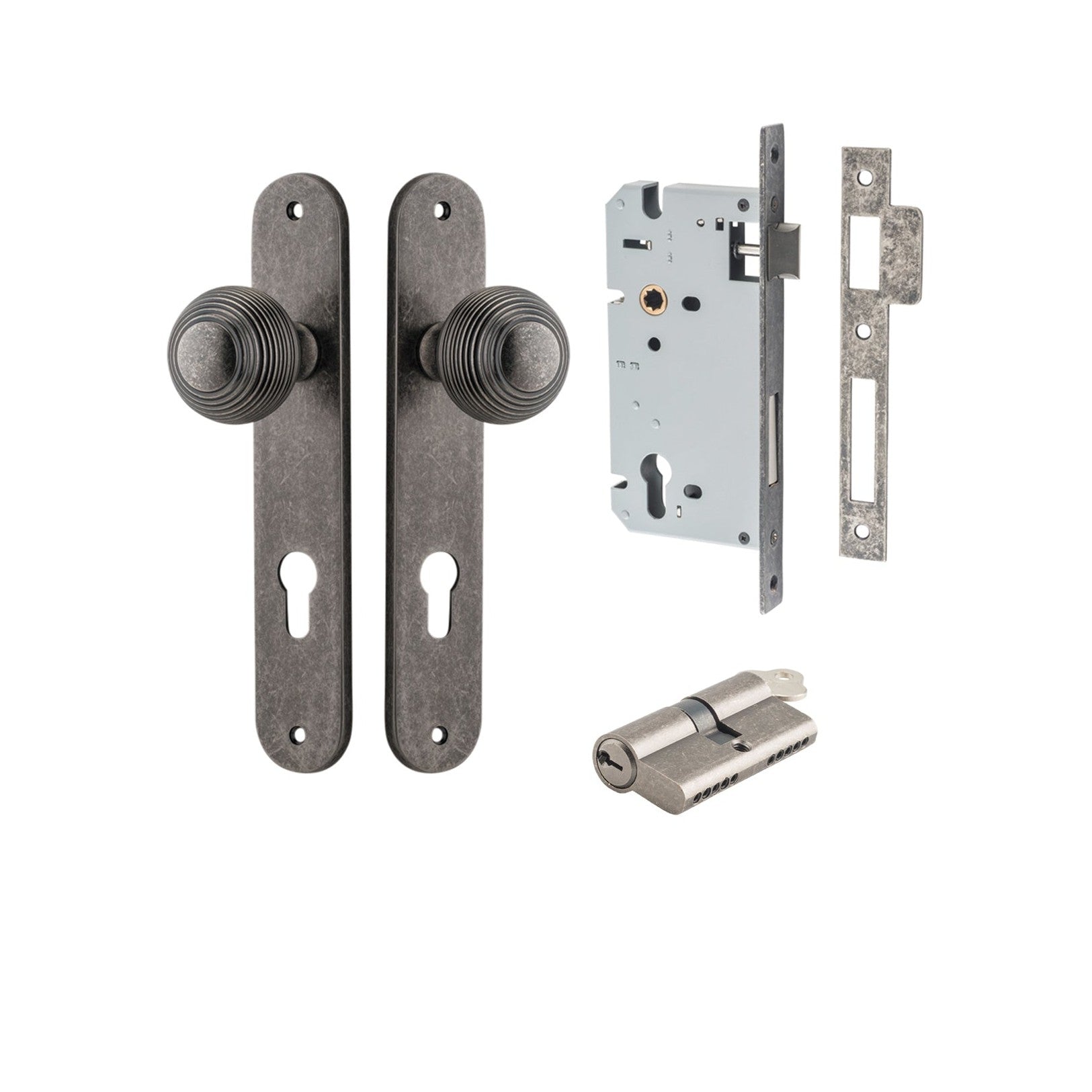 Iver Door Knob Guildford Oval Euro Key/Key Distressed Nickel Entrance Kit