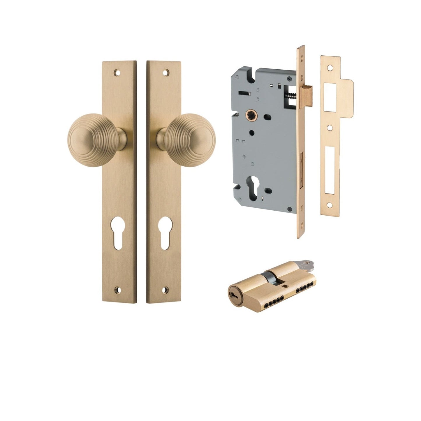 Iver Door Knob Guildford Rectangular Euro Key/Key Brushed Brass Entrance Kit