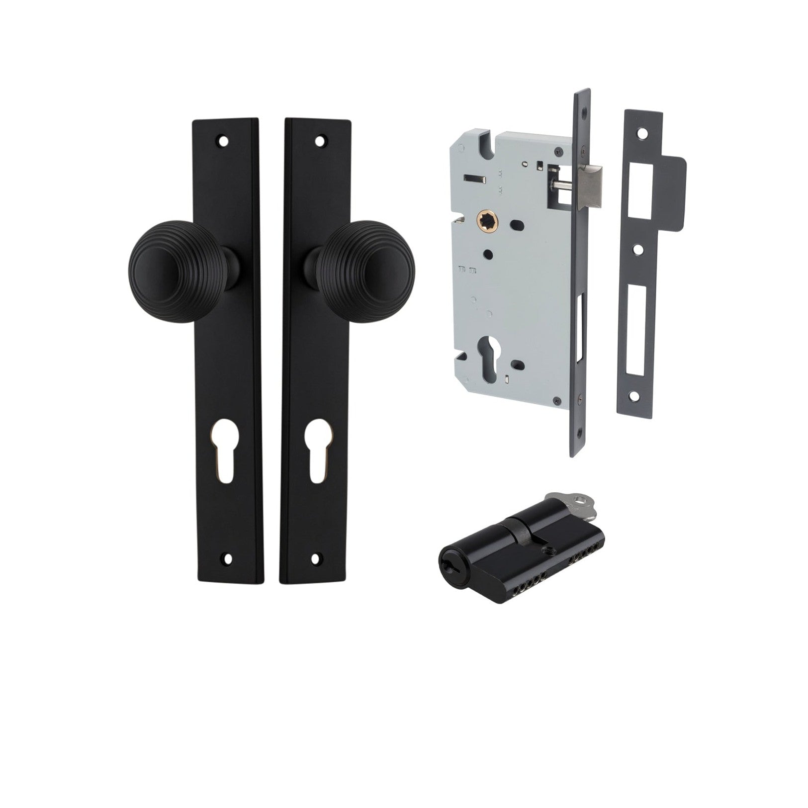 Iver Door Knob Guildford Rectangular Euro Key/Key Matt Black Entrance Kit