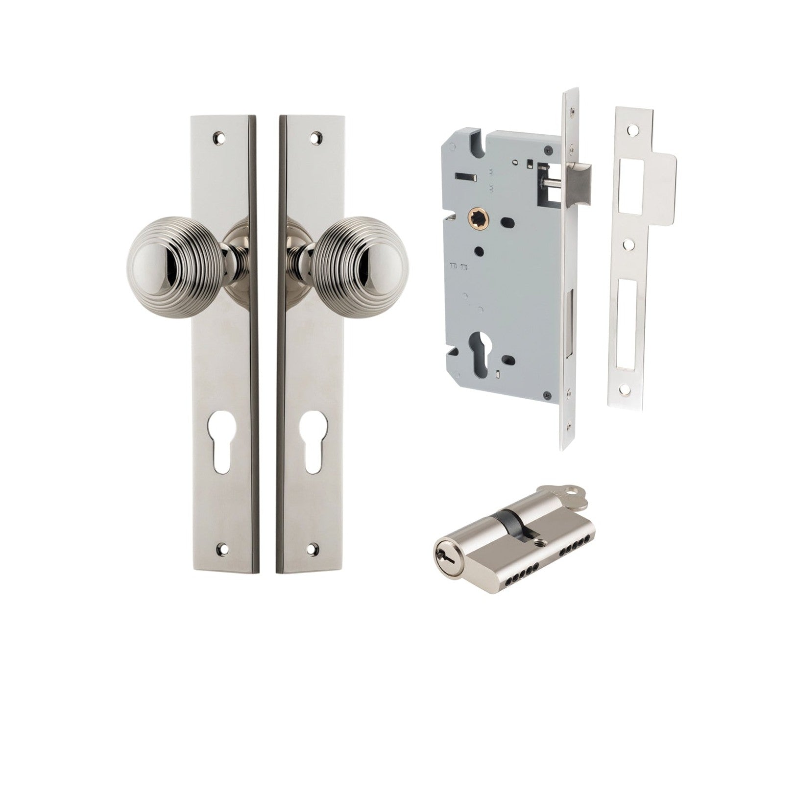 Iver Door Knob Guildford Rectangular Euro Key/Key Polished Nickel Entrance Kit