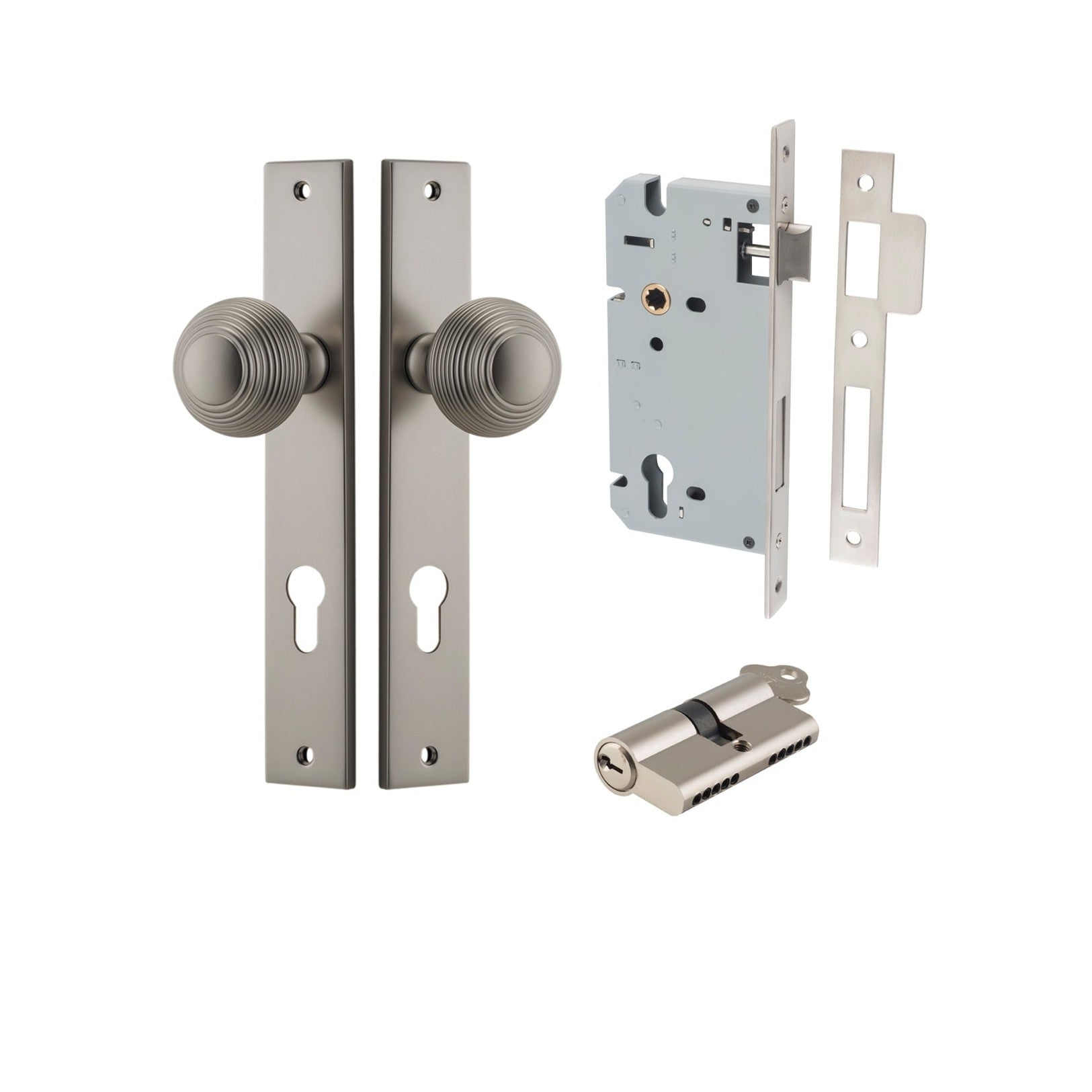 Iver Door Knob Guildford Rectangular Euro Key/Key Satin Nickel Entrance Kit