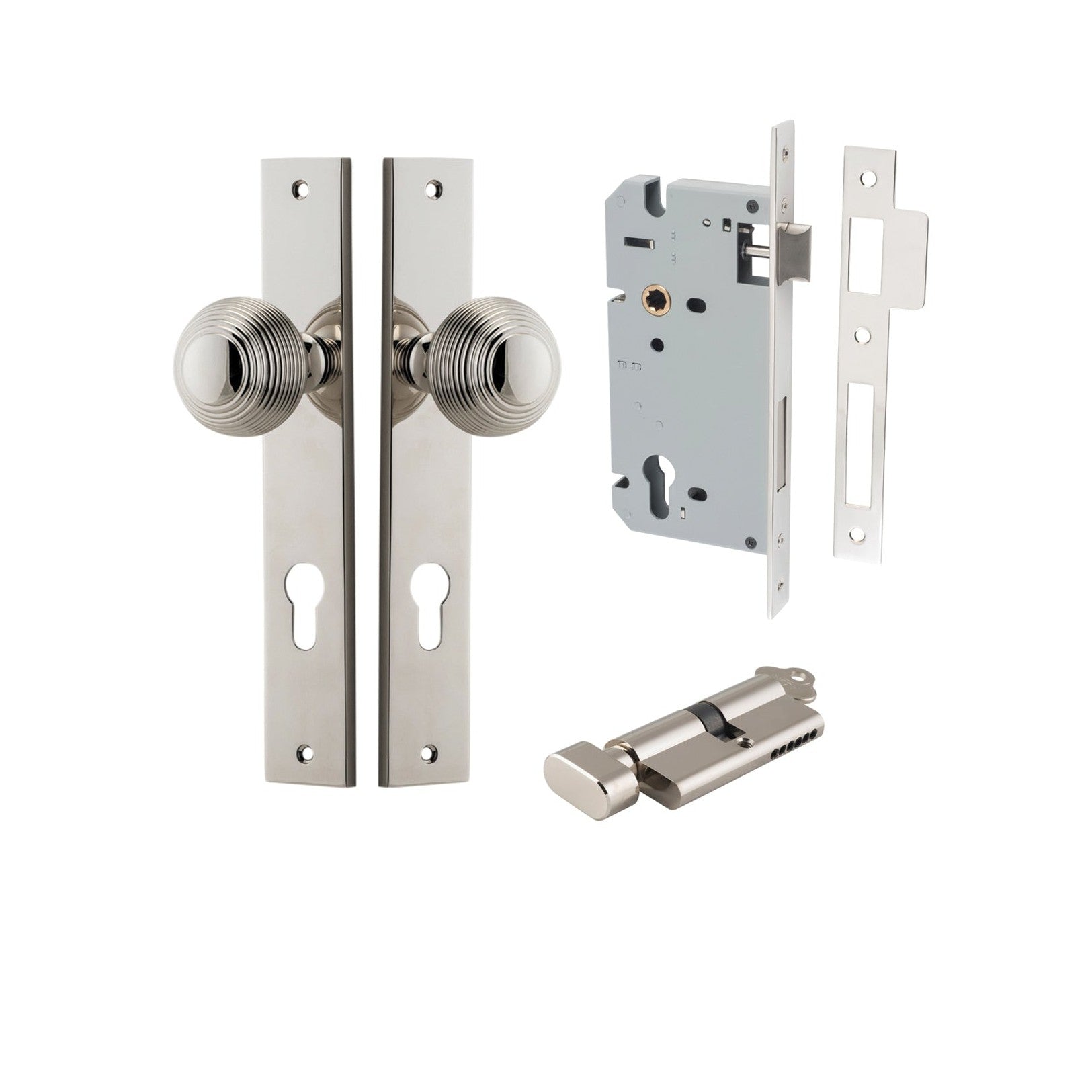 Iver Door Knob Guildford Rectangular Euro Key/Thumb Polished Nickel Entrance Kit