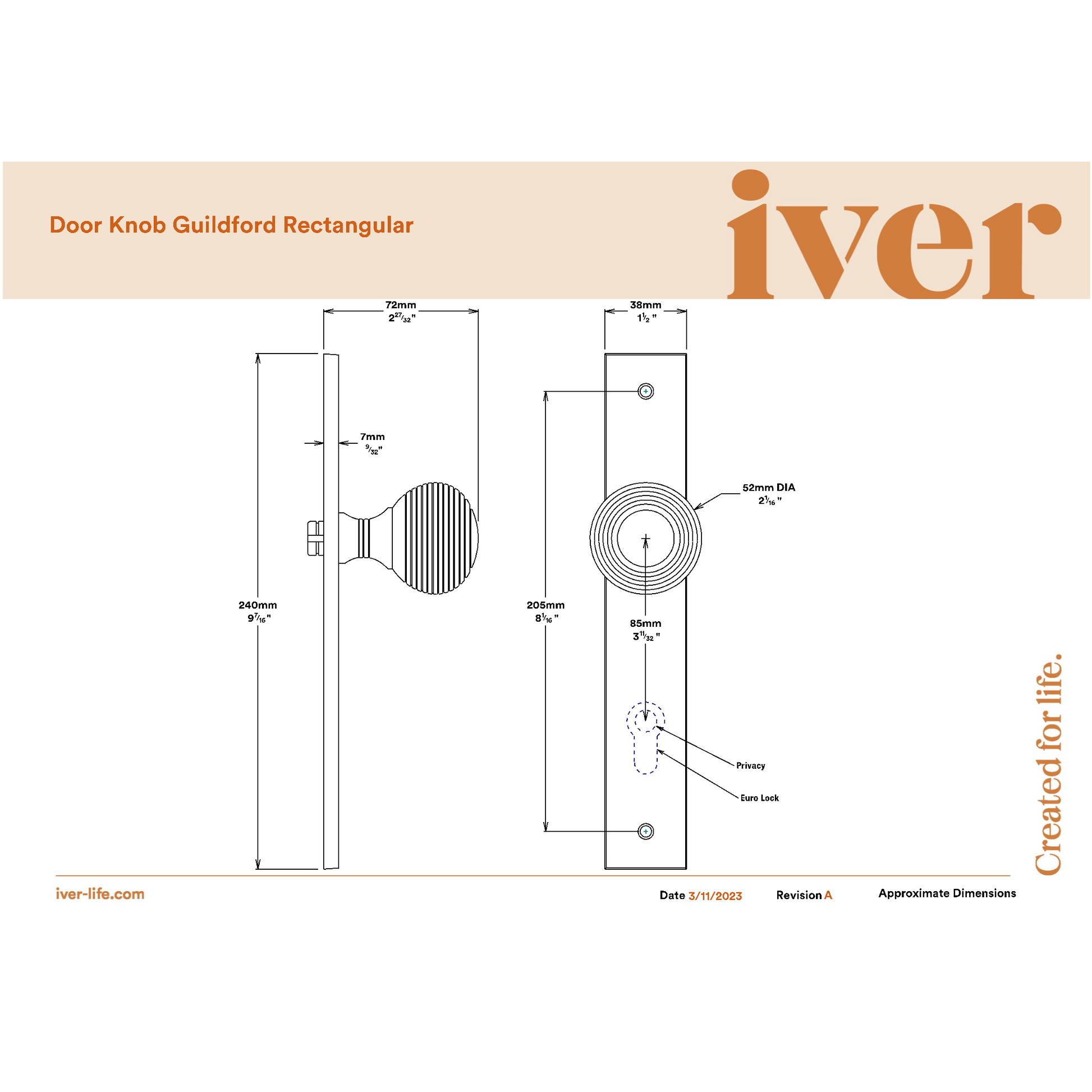 Iver Door Knob Guildford Rectangular Euro Pair Distressed Nickel