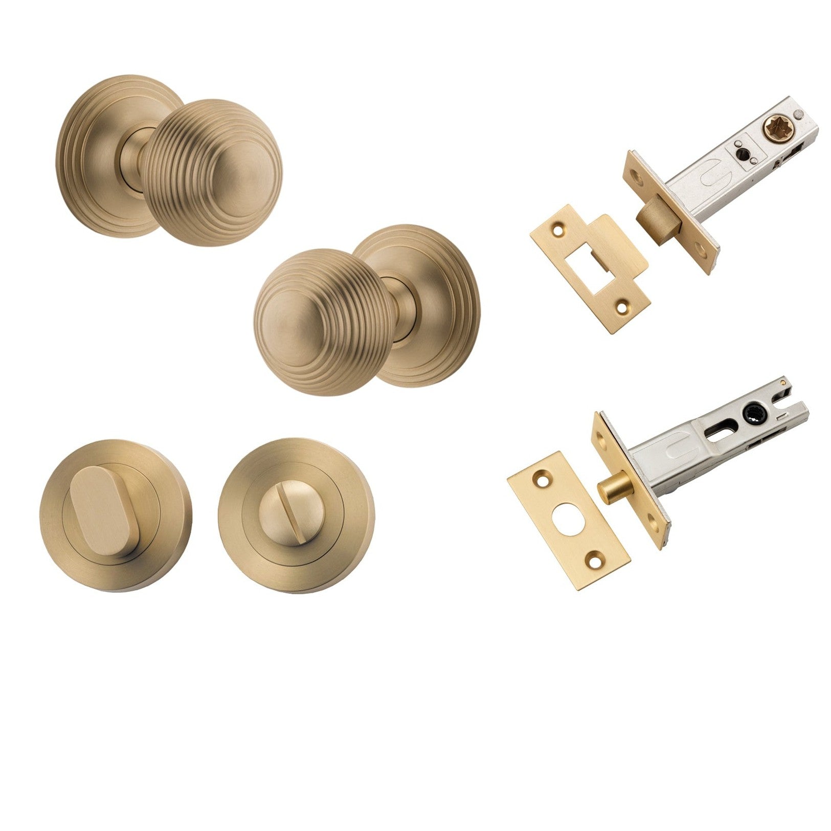 Iver Door Knob Guildford Round Rose Concealed Fix Brushed Brass Privacy Kit