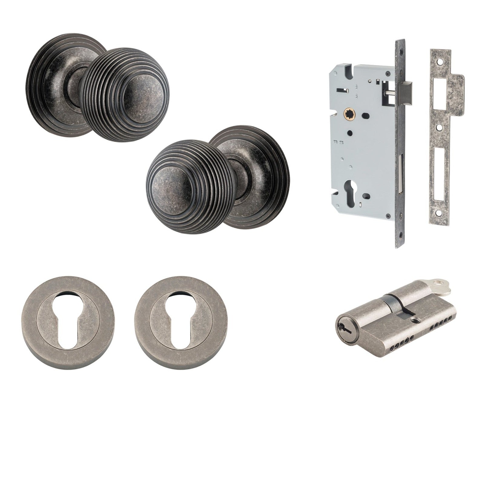 Iver Door Knob Guildford Round Rose Concealed Fix Key/Key Distressed Nickel Entrance Kit