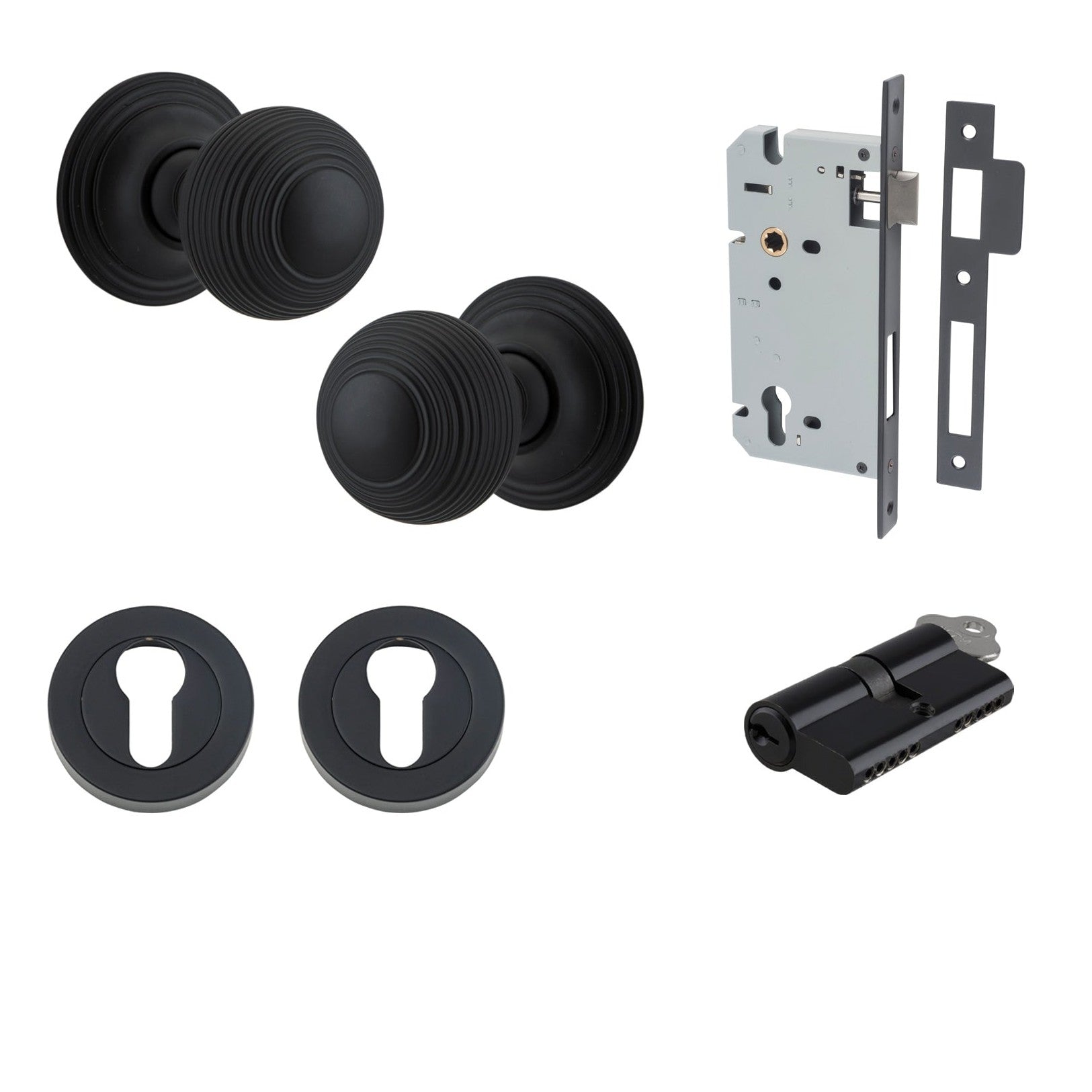 Iver Door Knob Guildford Round Rose Concealed Fix Key/Key Matt Black Entrance Kit