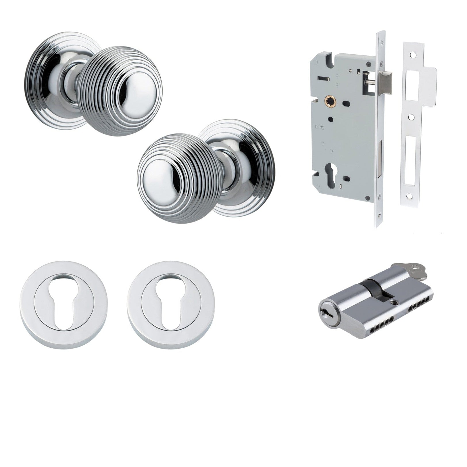 Iver Door Knob Guildford Round Rose Concealed Fix Key/Key Polished Chrome Entrance Kit