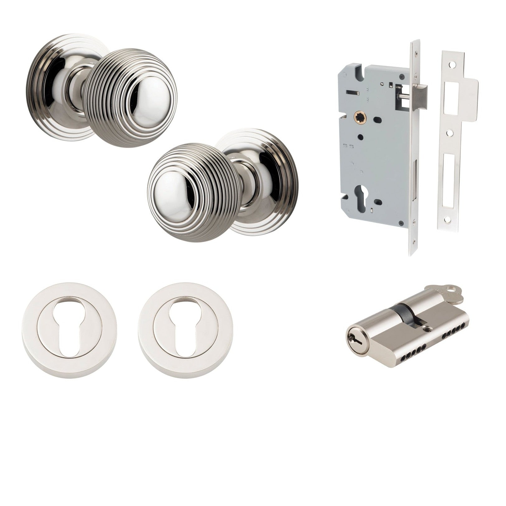 Iver Door Knob Guildford Round Rose Concealed Fix Key/Key Polished Nickel Entrance Kit
