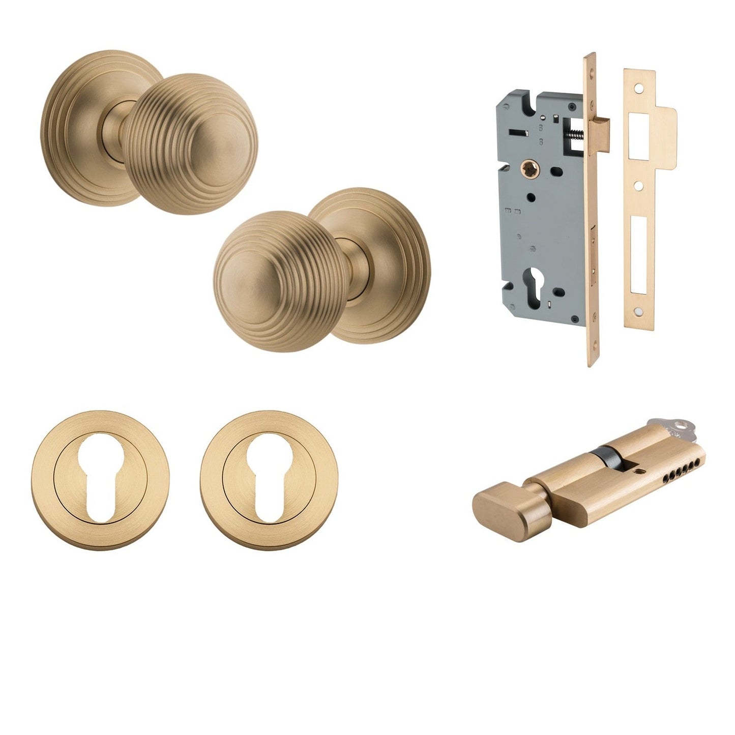 Iver Door Knob Guildford Round Rose Concealed Fix Key/Thumb Brushed Brass Entrance Kit